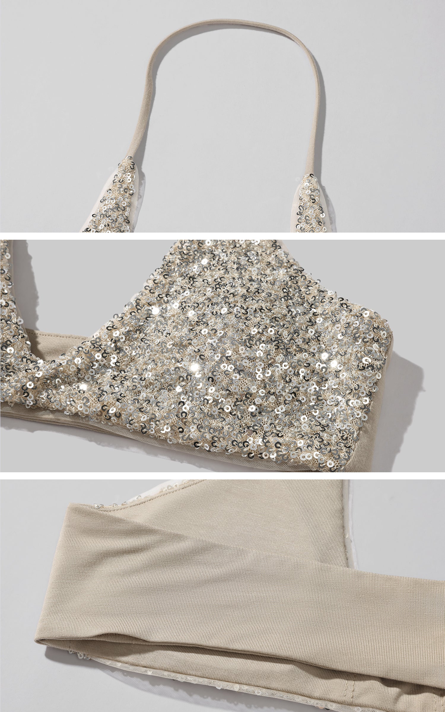 ROVENTE Deep V Knit Top with Sequin Bra and Shorts Set