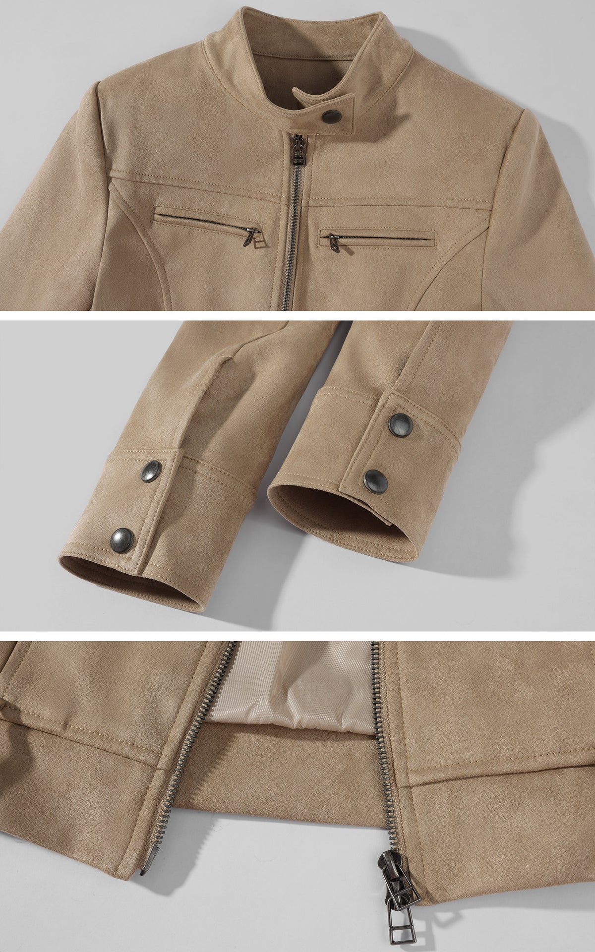 Hydrae Veste motard courte en daim sable avec panneaux sculptés et détails zippés en métal