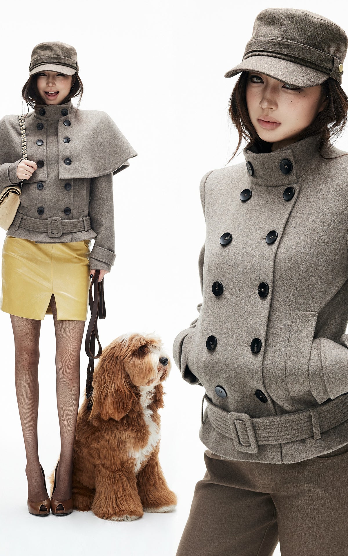 IAMXIAA Detachable Cape Double-Breasted Belted Jacket