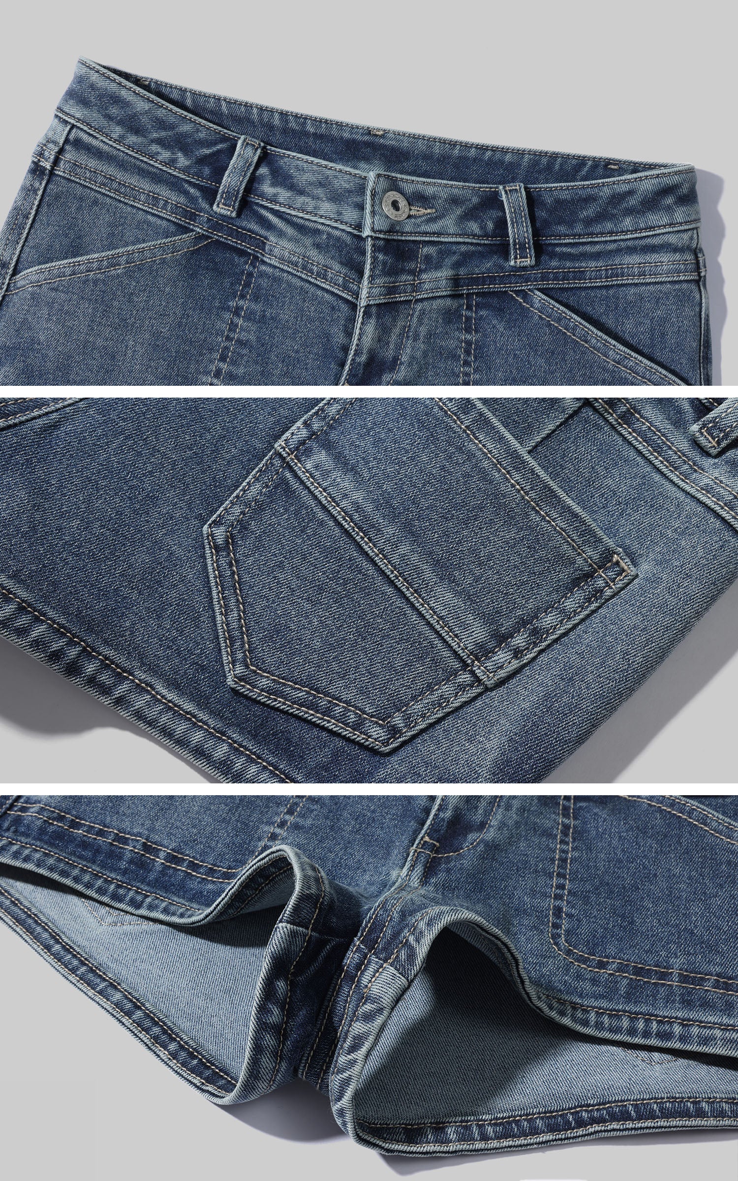 WARDEN EDGE Short en jean délavé taille basse, coupe slim, style urbain, micro-short avec détails de coutures structurées