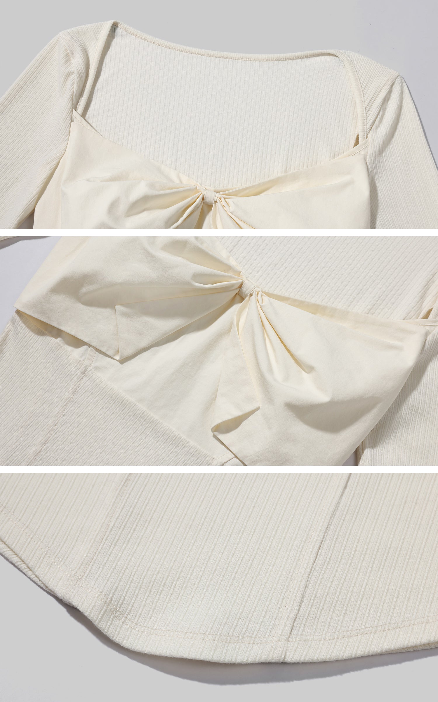 Rase le sol 골지 니트 긴팔 탑과 구조적인 리본, 러플 헴 쇼츠 세트