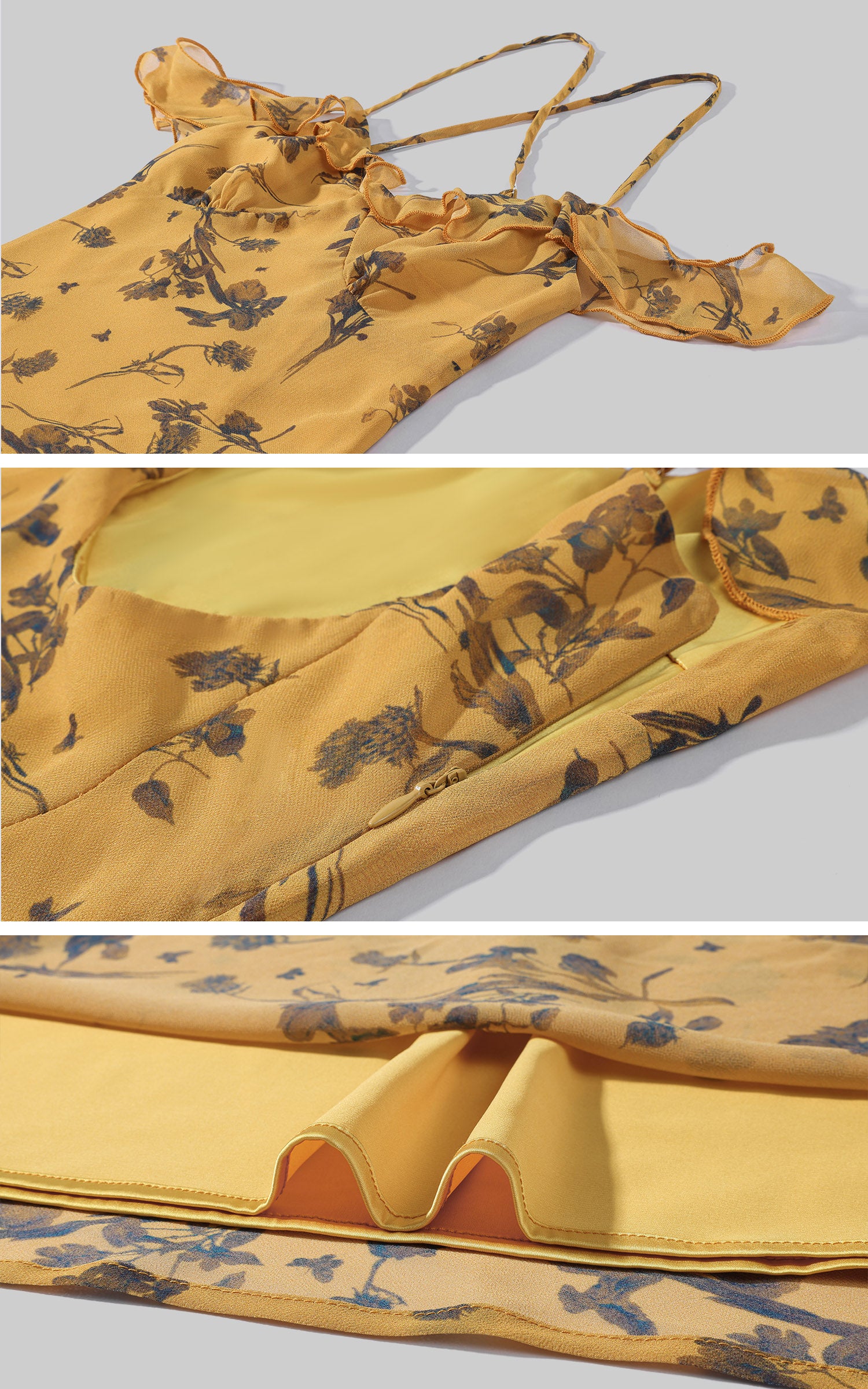 Hydrae Golden Floral Open-Shoulder Backless Slip Maxi Dress