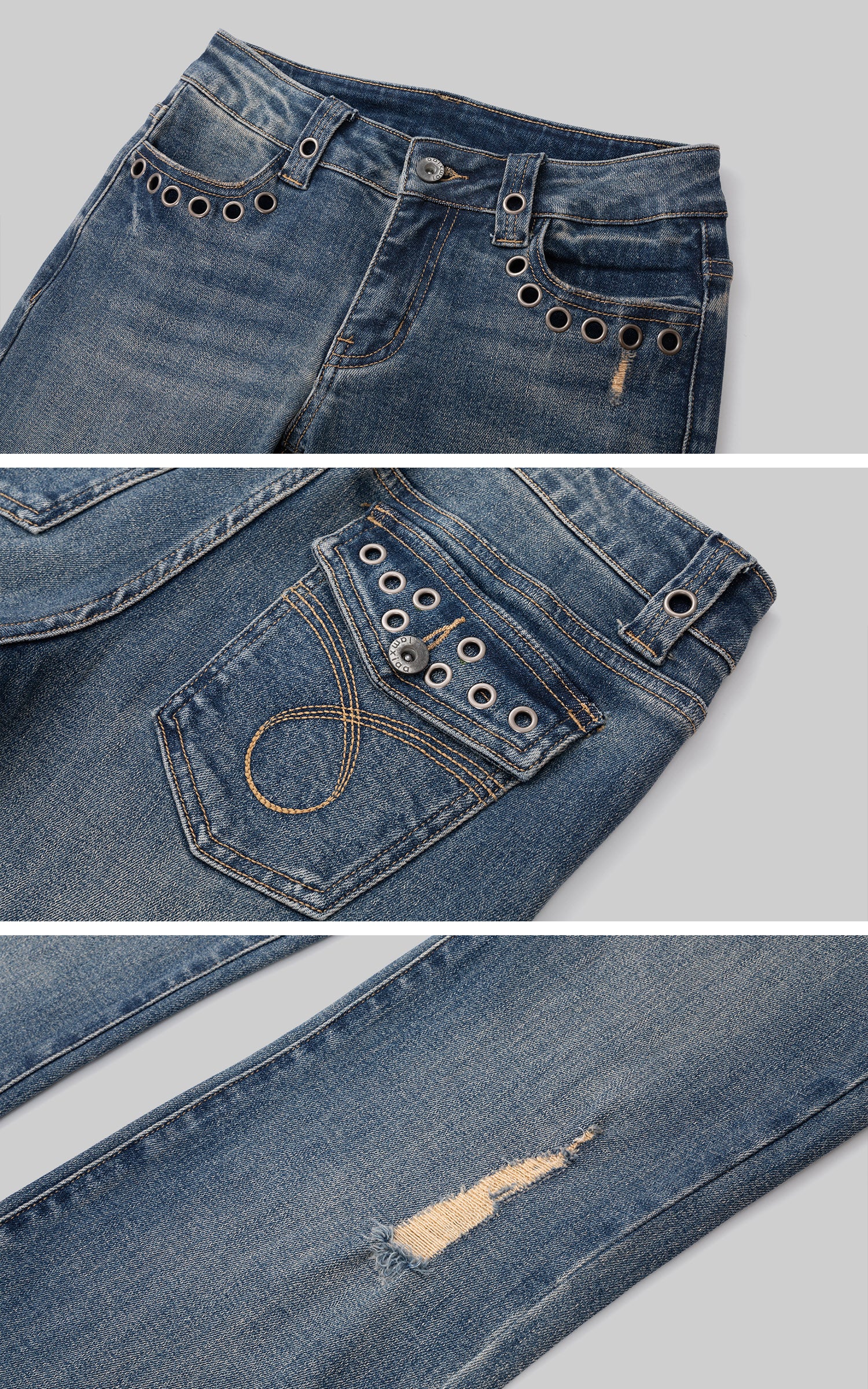IAMXIAA Low-Rise Eyelet Pocket Distressed Flared Denim Jeans with Vintage Wash