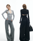 IAMXIAA Cut Out Halter Long Sleeve Shrug Top Ribbed Knit Slim Fit