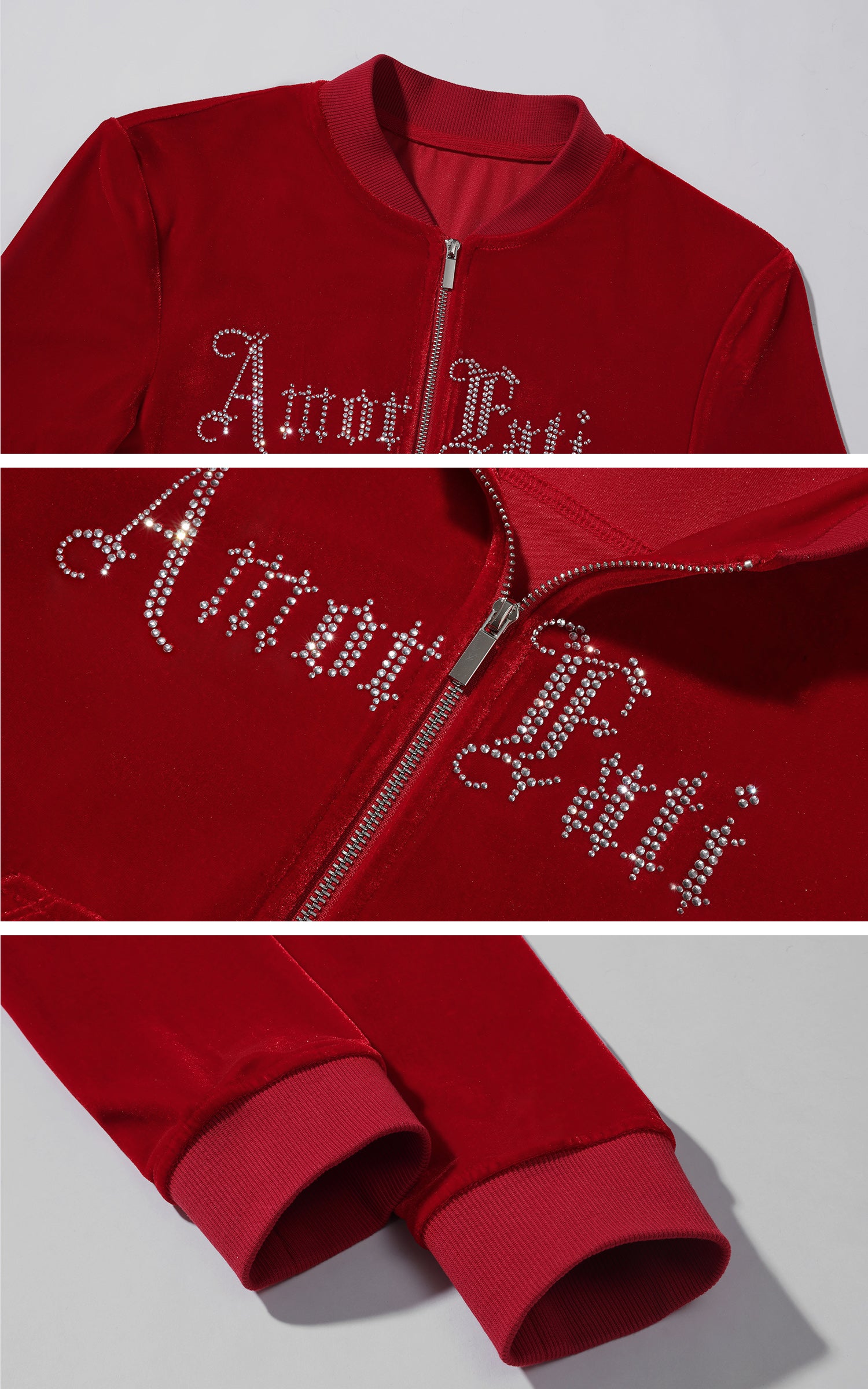 Rase le sol 벨벳 지퍼업 자켓, 라인스톤 고딕 레터링