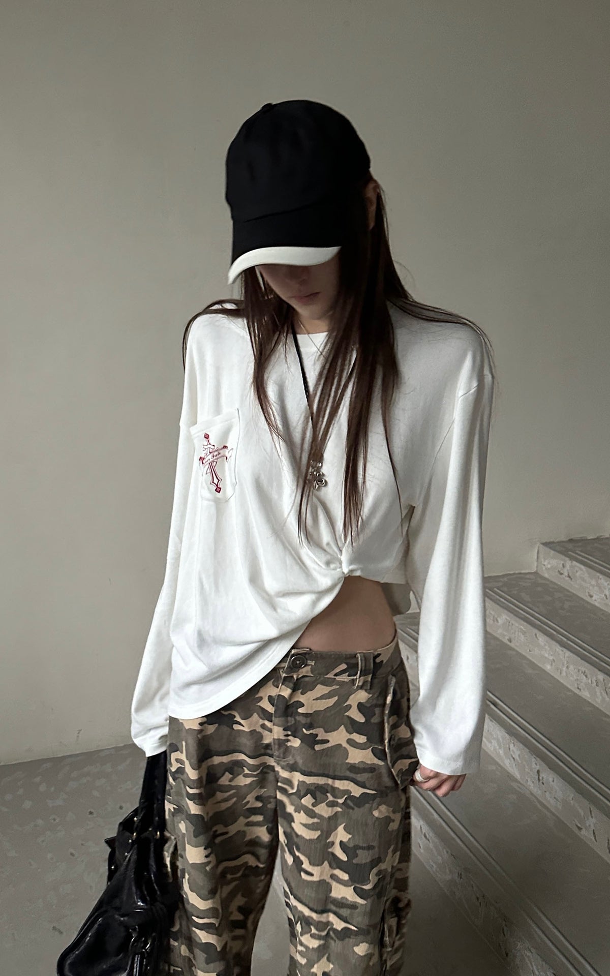 Rase le sol Amor Fati Cross-Embroidered Asymmetric Draped Long Sleeve Top