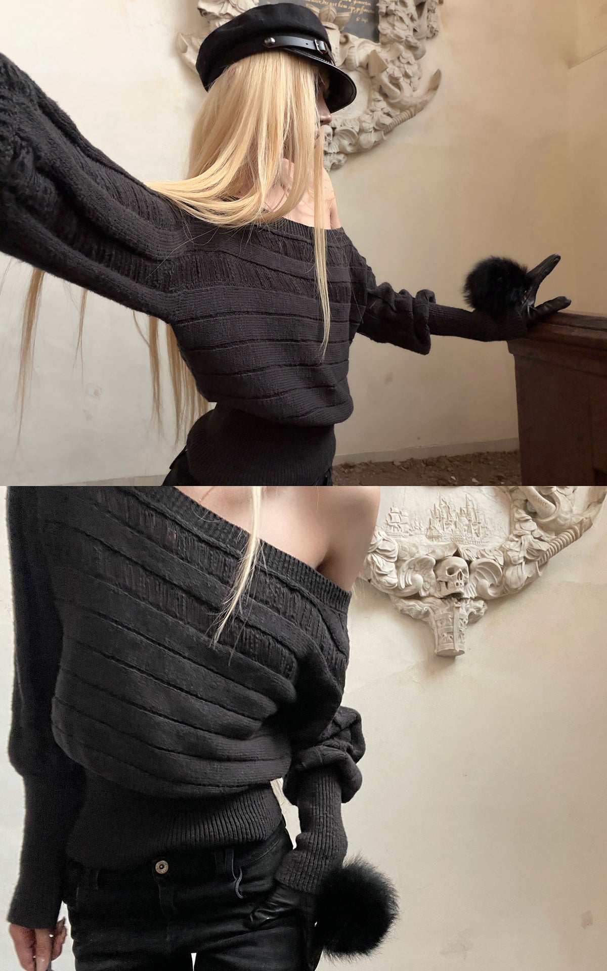 Rase le sol Pull en maille texturé à épaules dénudées et taille cintrée