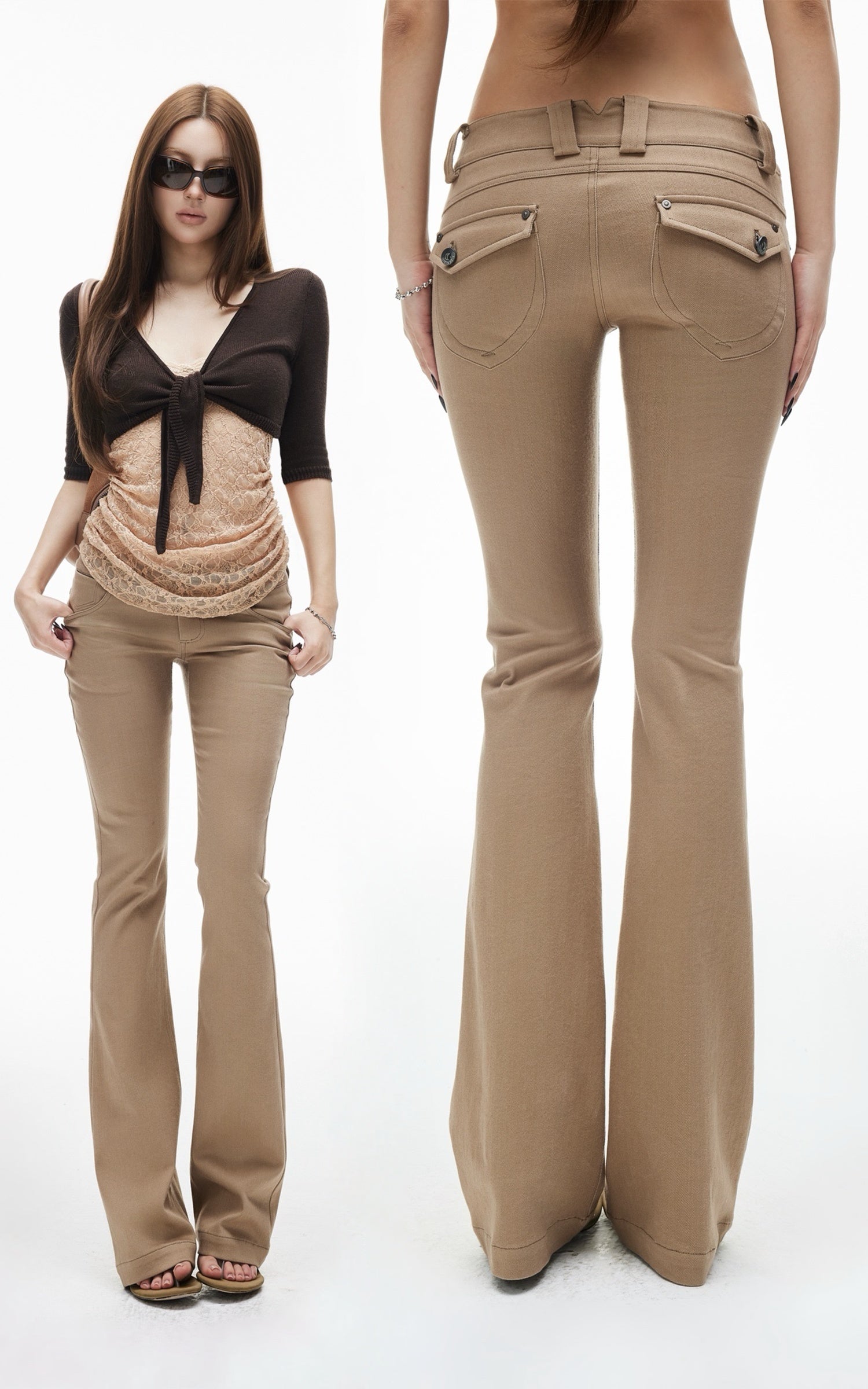 IAMXIAA Pantalon Taille Basse Coupe Slim Évasée