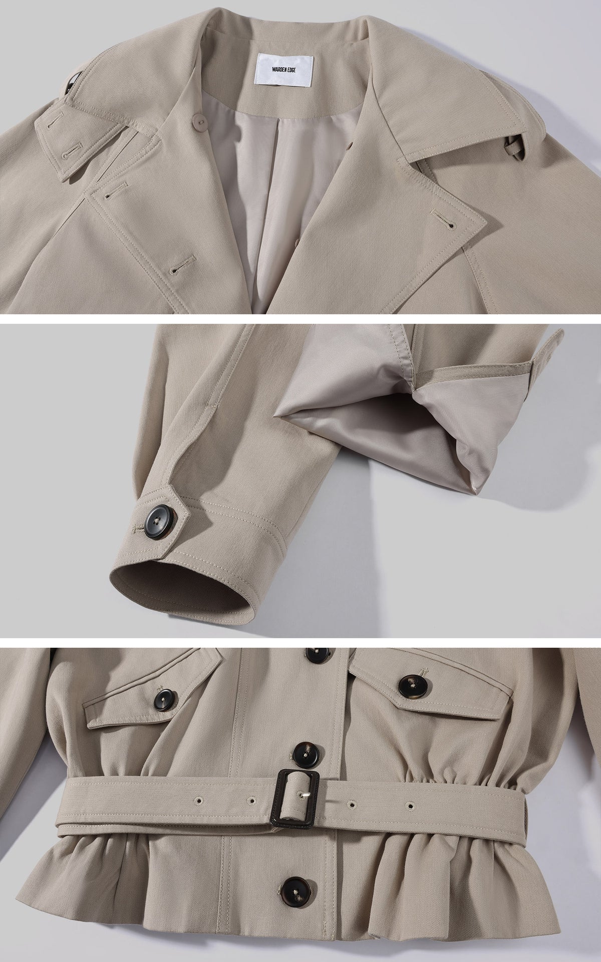 WARDEN EDGE Belted Peplum Cropped Trench Jacket