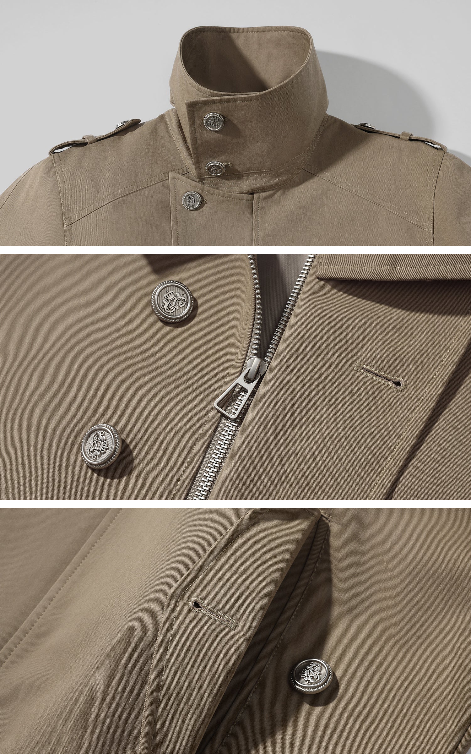 WARDEN EDGE 비대칭 클로저가 돋보이는 구조적인 하이칼라 트렌치 재킷