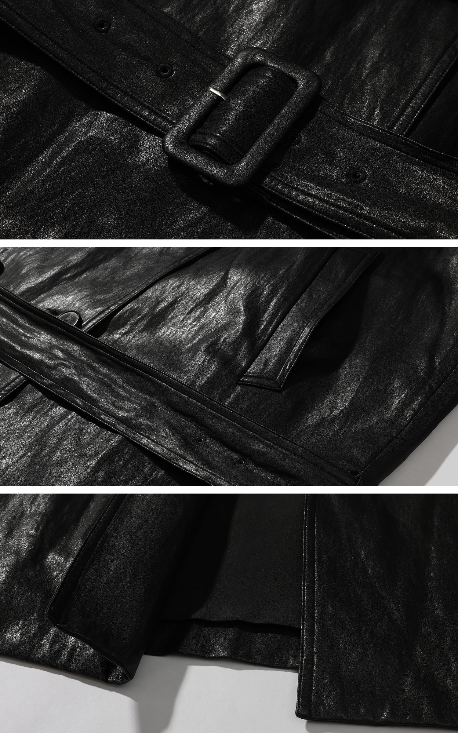 ROVENTE Faux Leather Belted Short Trench Coat