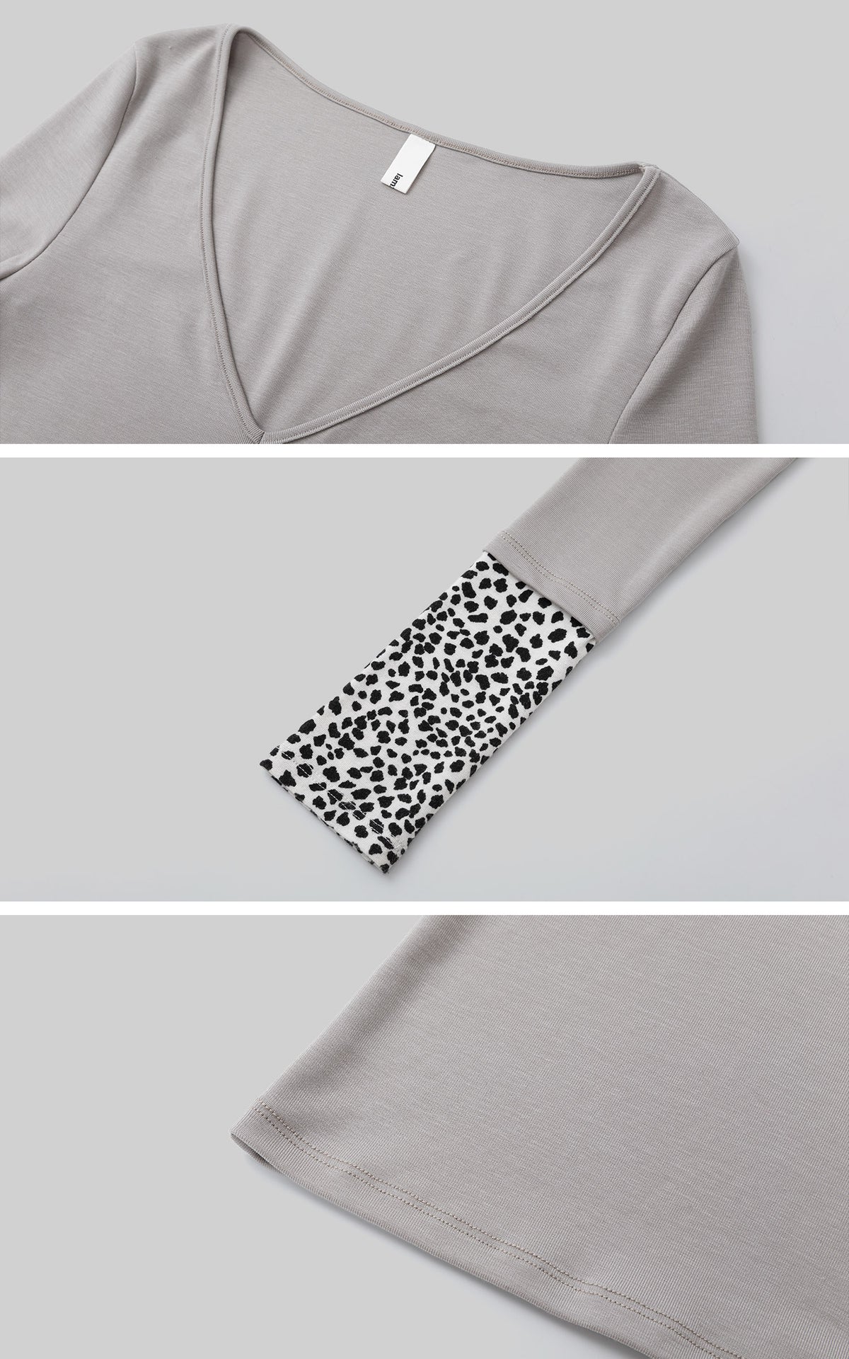 IAMXIAA Leopard Cuff Deep V-Neck Fitted Long Sleeve Top