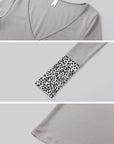 IAMXIAA Leopard Cuff Deep V-Neck Fitted Long Sleeve Top