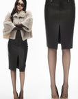 IAMXIAA Jupe midi fendue devant taille haute en similicuir