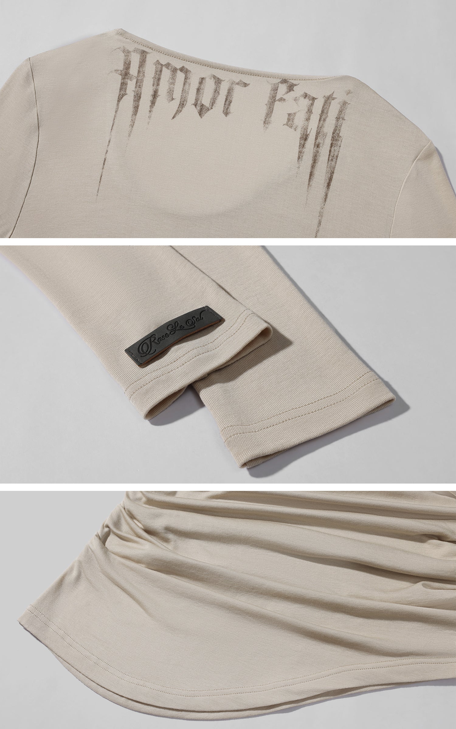 Rase le sol 아모르 파티 백 프린트 비대칭 셔링 골지 긴팔 탑