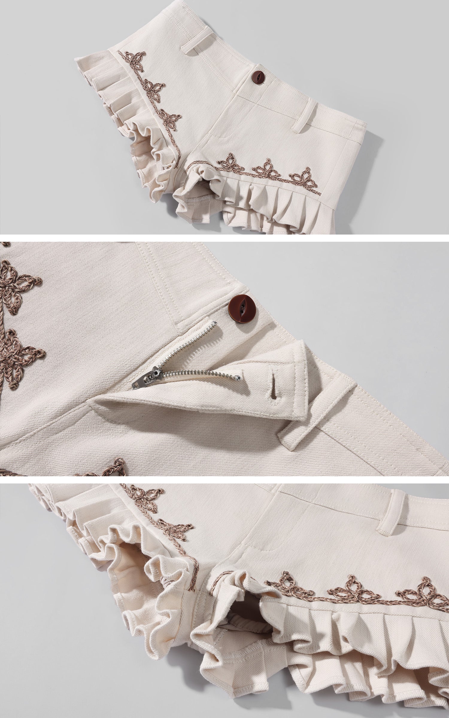 Hydrae Embroidered Low-Rise Ruffle Mini Shorts