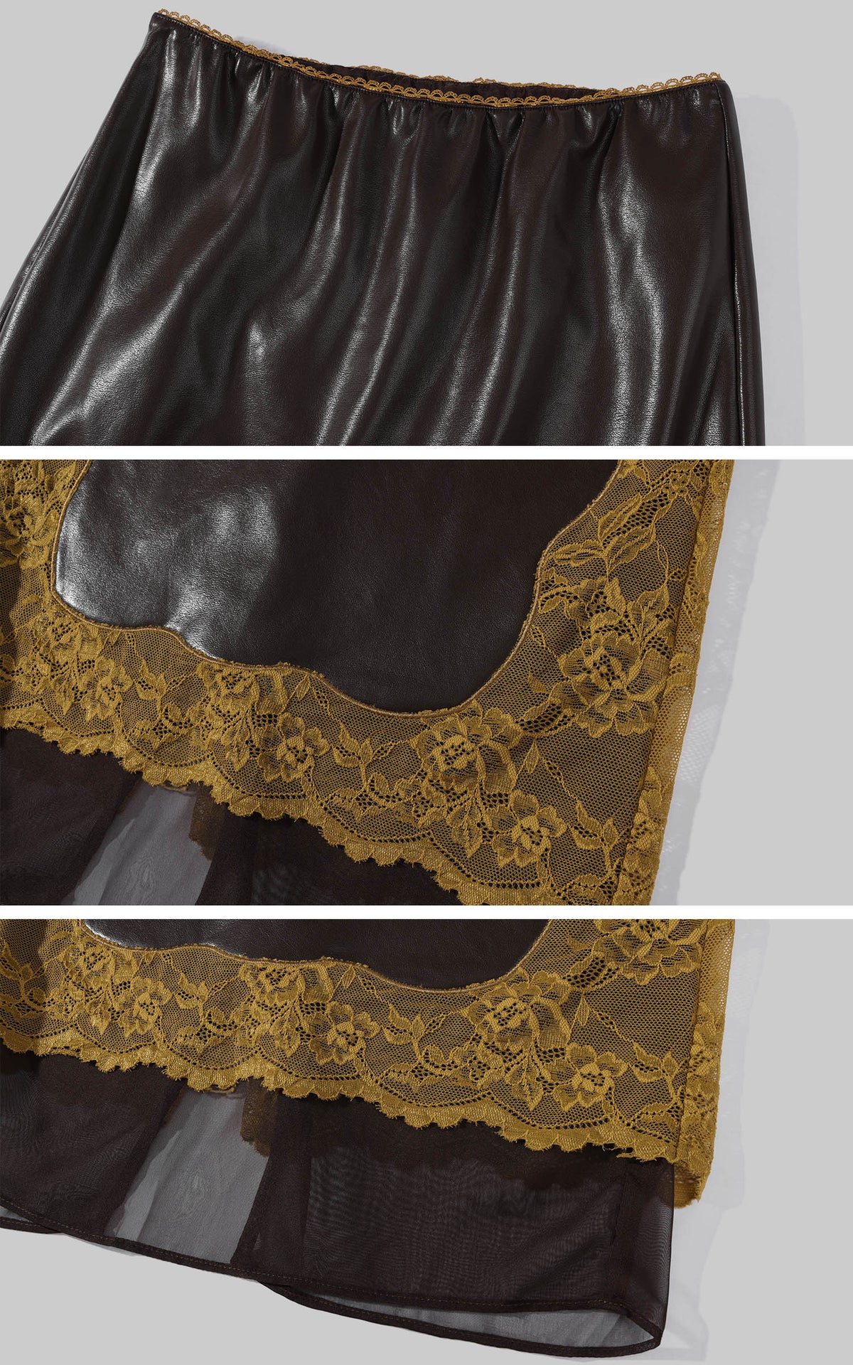 ROVENTE Contrast Floral Lace Leather-Look Skirt with Sheer Layered Hem