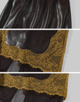 ROVENTE Contrast Floral Lace Leather-Look Skirt with Sheer Layered Hem