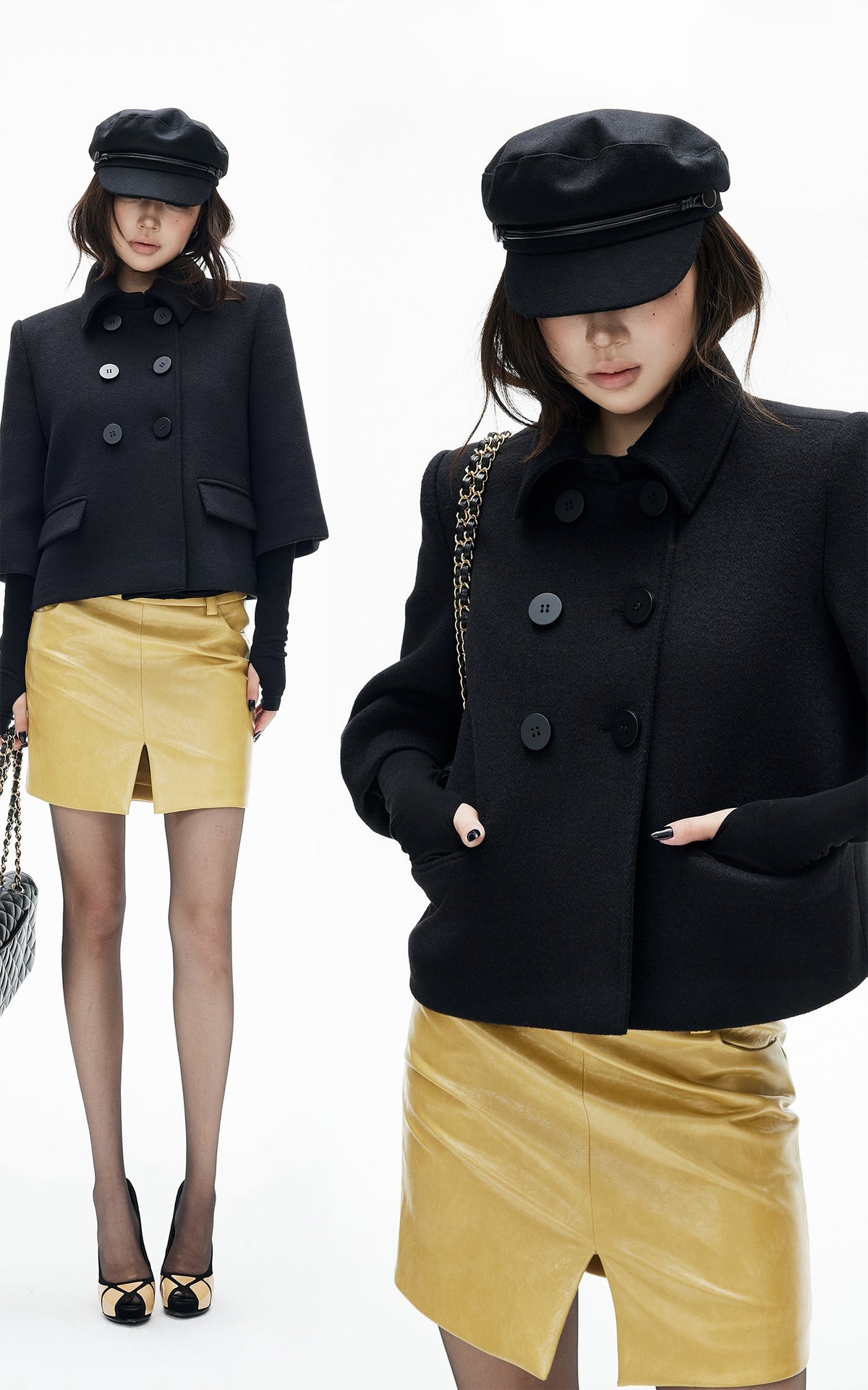 IAMXIAA Structured Shoulder Wool Double-Breasted Cropped Jacket
