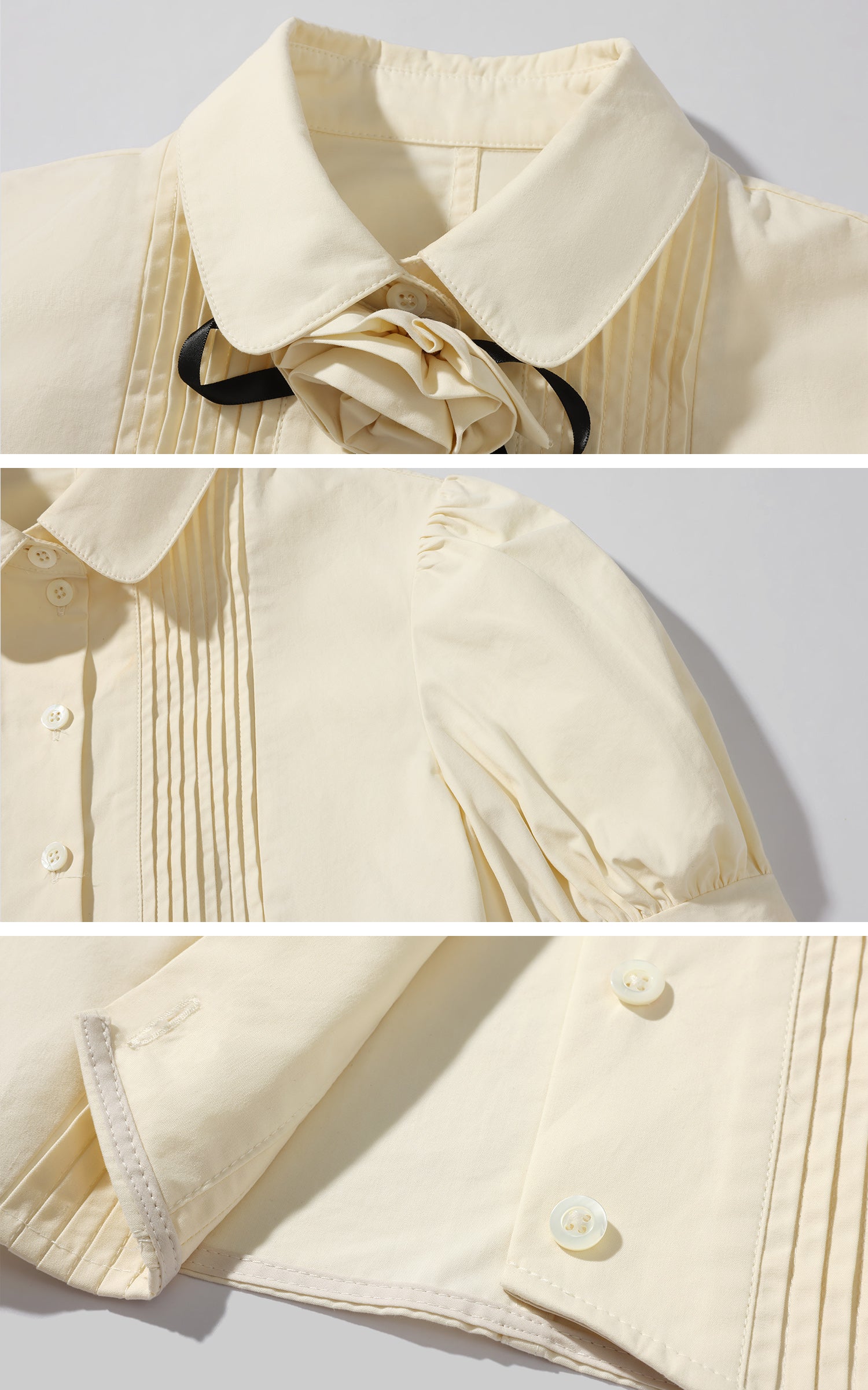 Rase le sol Cropped Puff-Sleeve Shirt with Pleated Front and Rosette Tie