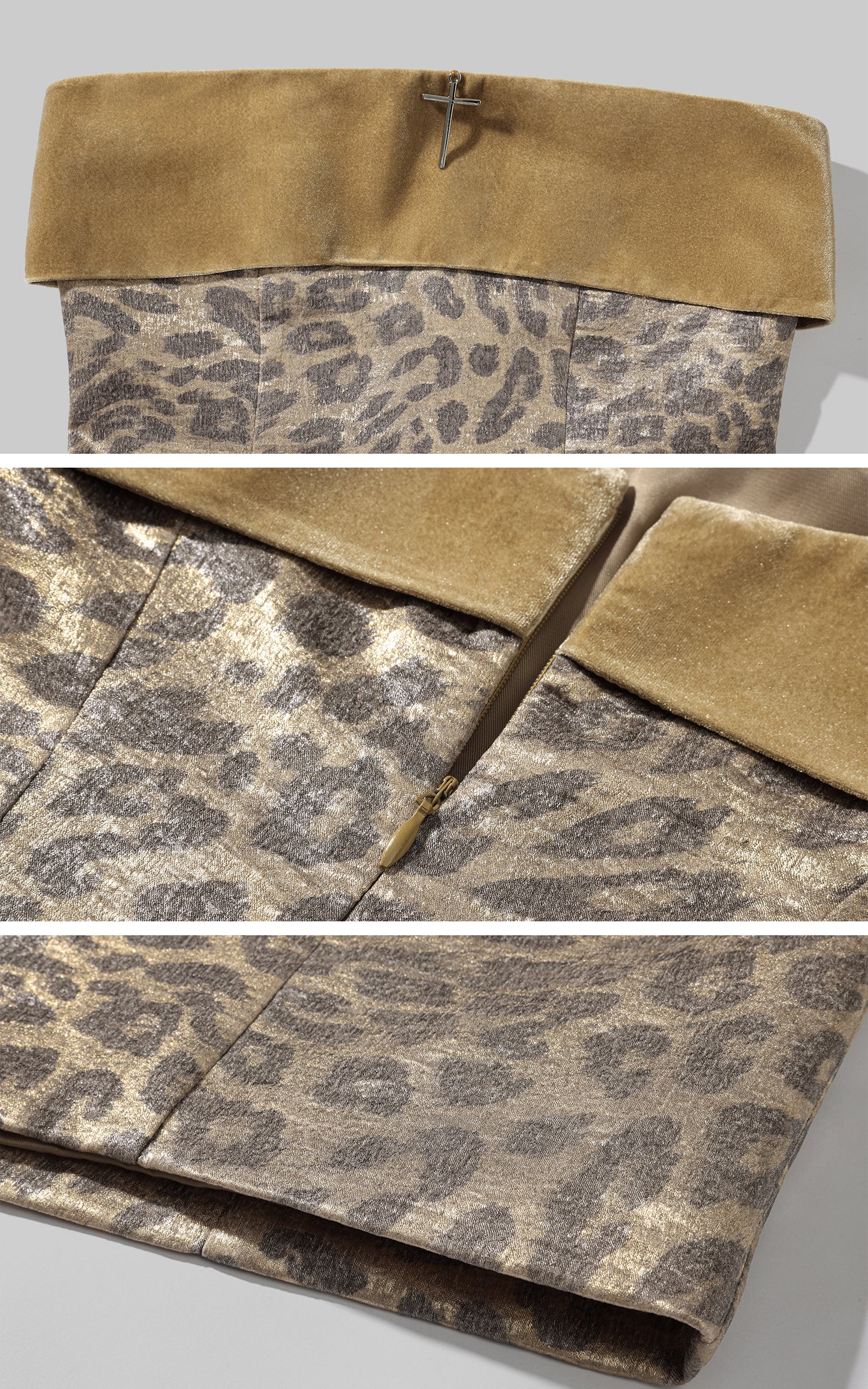 Rase le sol Gold Velvet Strapless Mini Dress in Metallic Leopard Jacquard - PINKPARKS