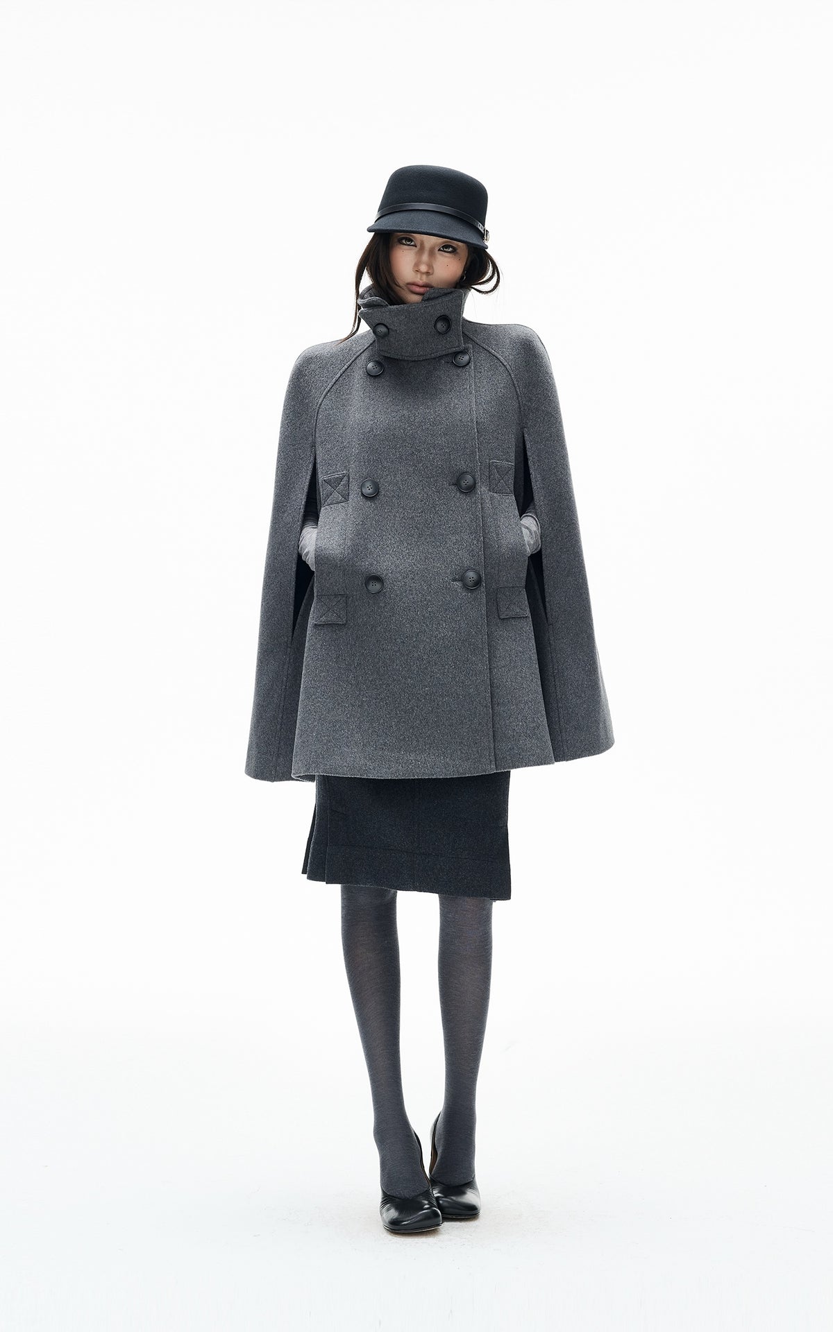 IAMXIAA Sculpted High-Neck Double-Breasted Cape Coat with Open Arm Slits