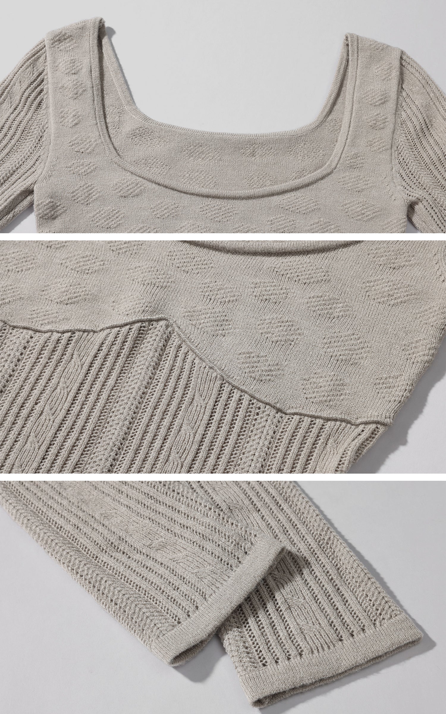 Rase le sol Grey Knit Sheer Long Sleeve Top with Minimalist Bra Layered Set