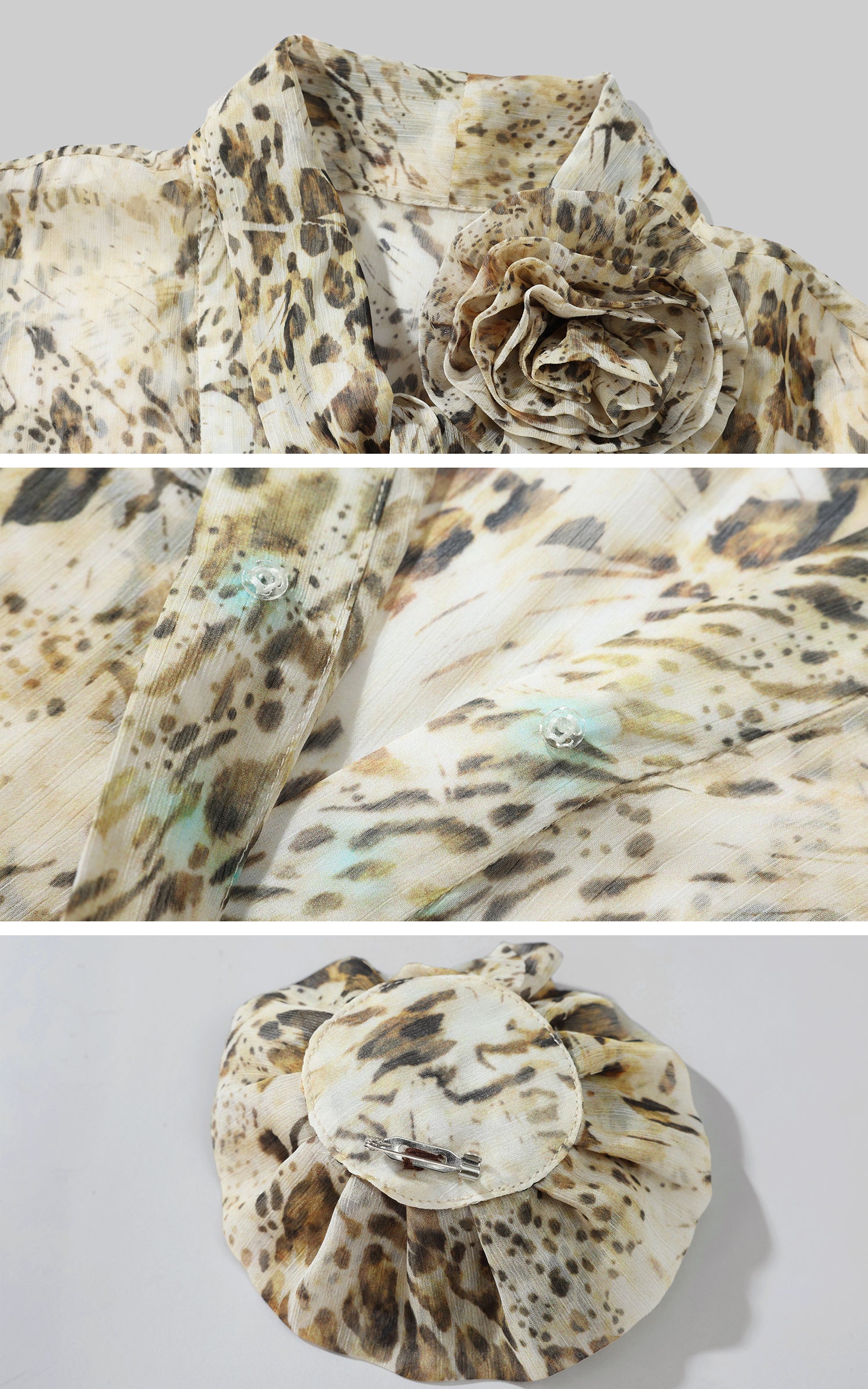 ROVENTE Sheer Leopard Blouse with Draped Tie &amp; Rosette - PINKPARKS