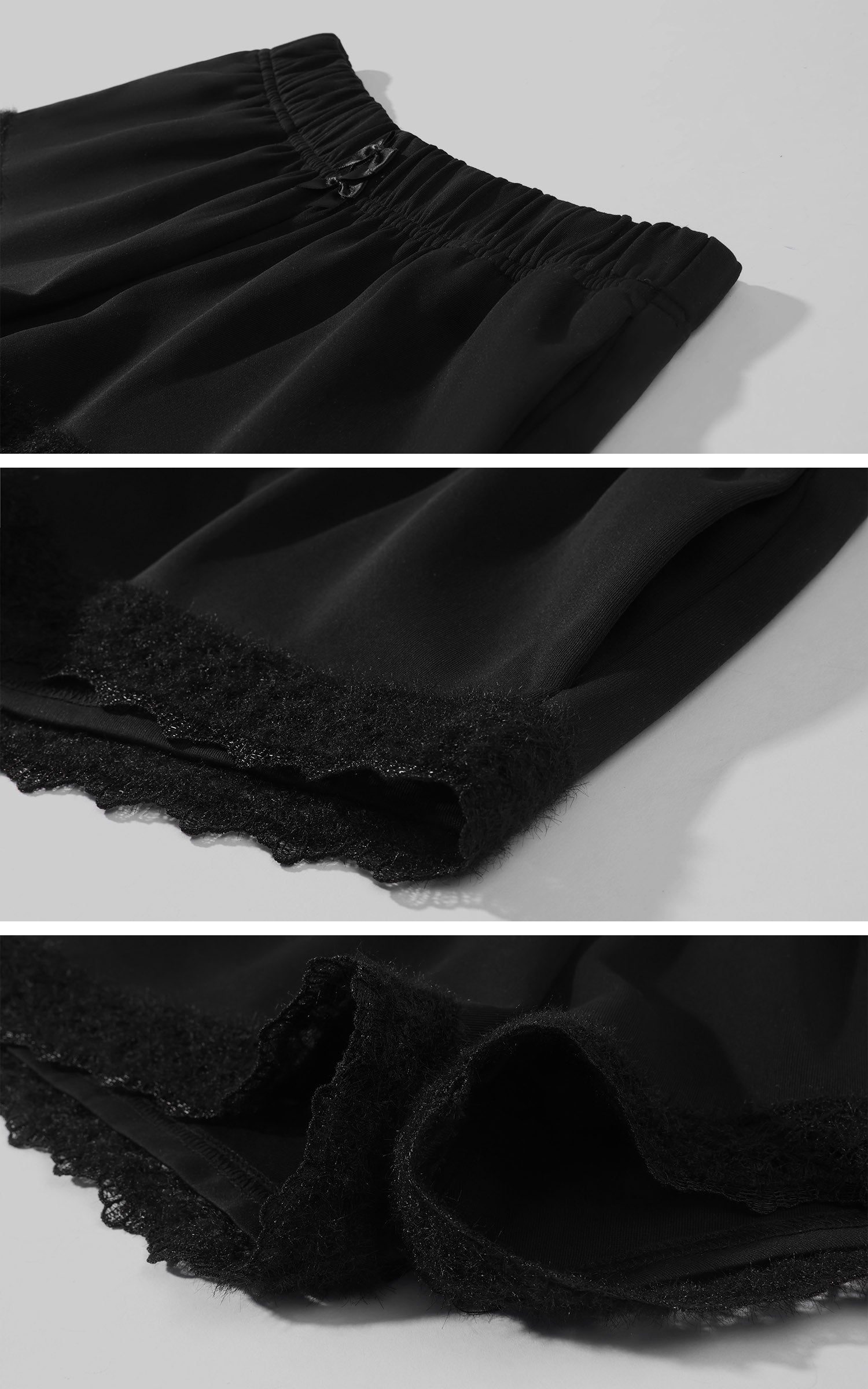 Hydrae Black Lace Trim Satin Mini Shorts