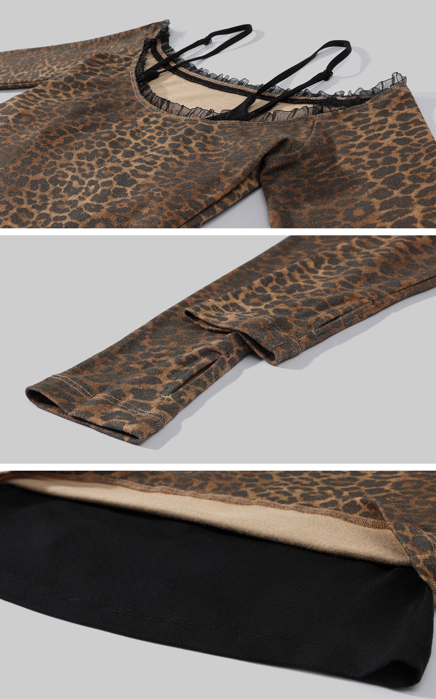 ROVENTE Leopard Print Off Shoulder Long Sleeve Top with Lace Trim and Slim Fit Silhouette