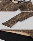 ROVENTE Leopard Print Off Shoulder Long Sleeve Top with Lace Trim and Slim Fit Silhouette