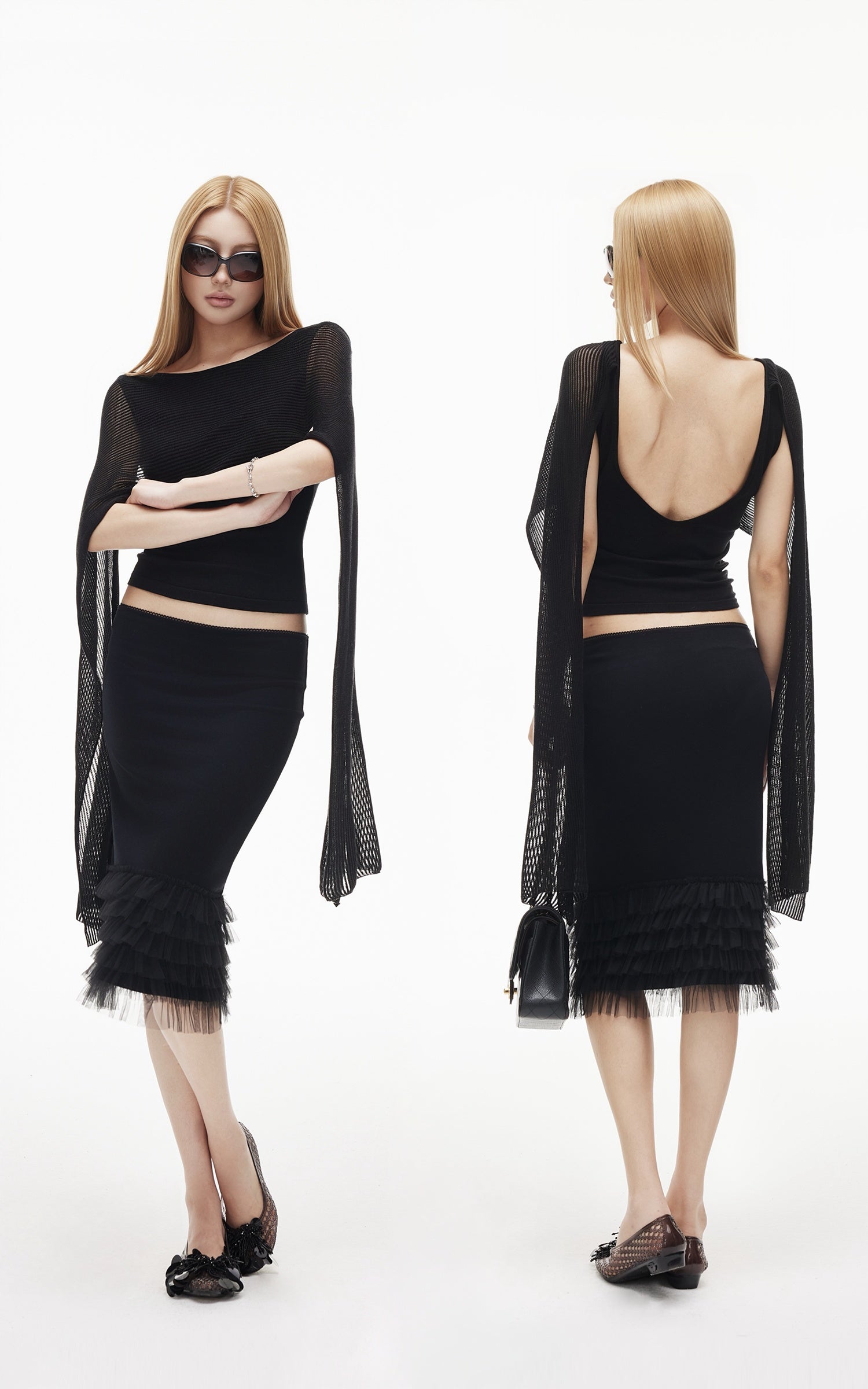 IAMXIAA Sheer Ribbed Knit Cape Sleeve Open Back Cropped Top