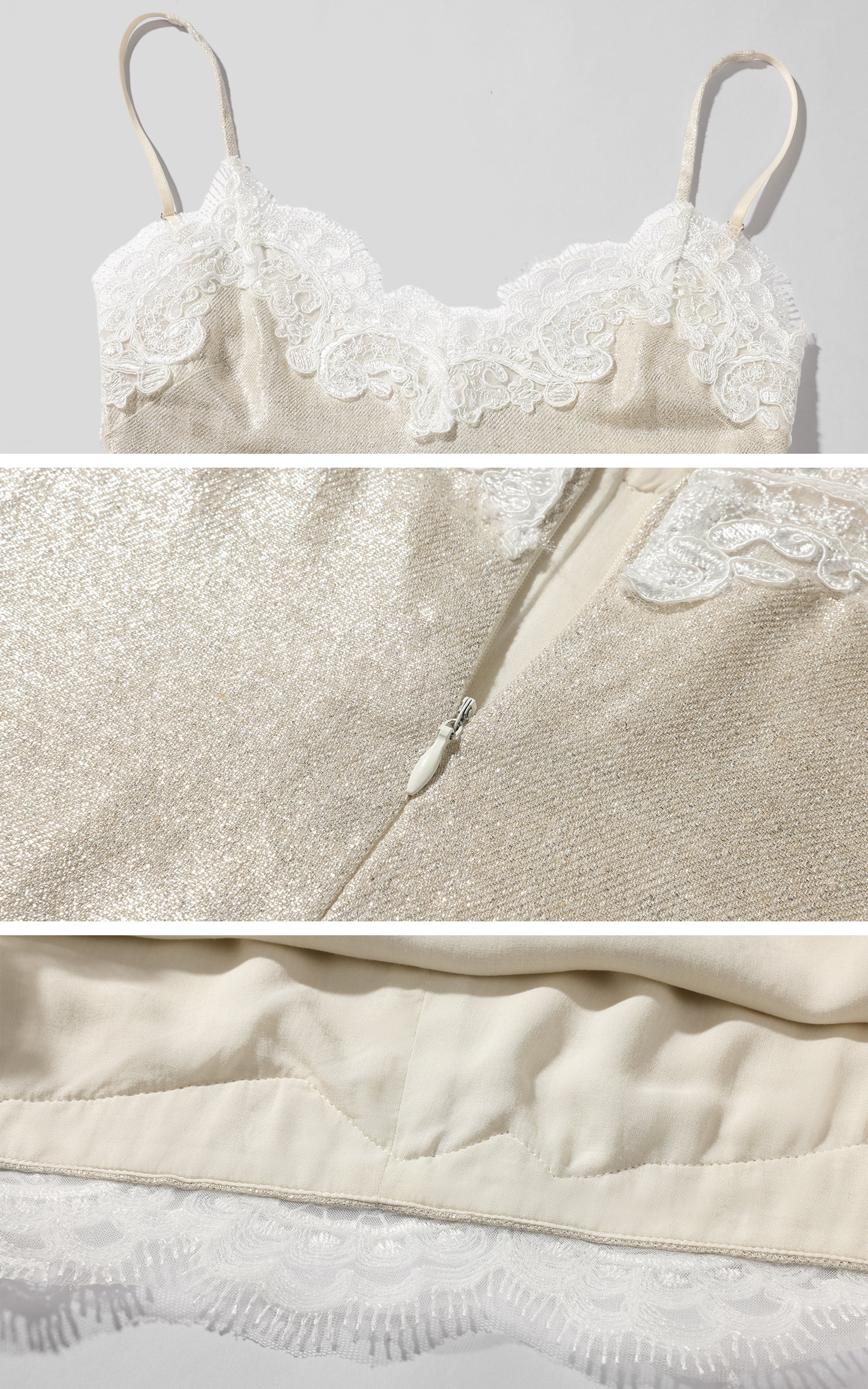 ROVENTE Shimmer Lace Trim Slip Mini Dress