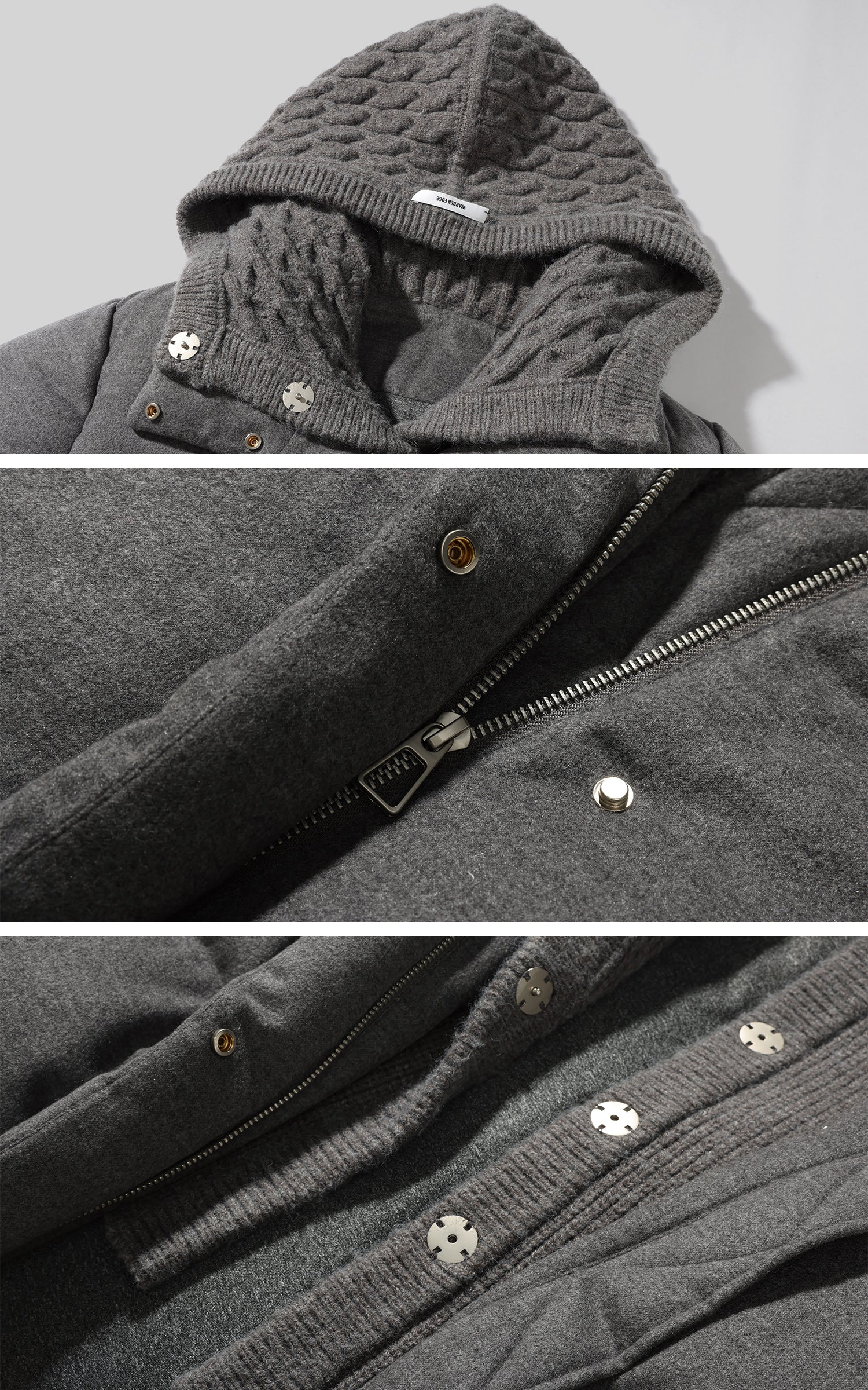 WARDEN EDGE ニットフードパネル付きウール風ダウンジャケット