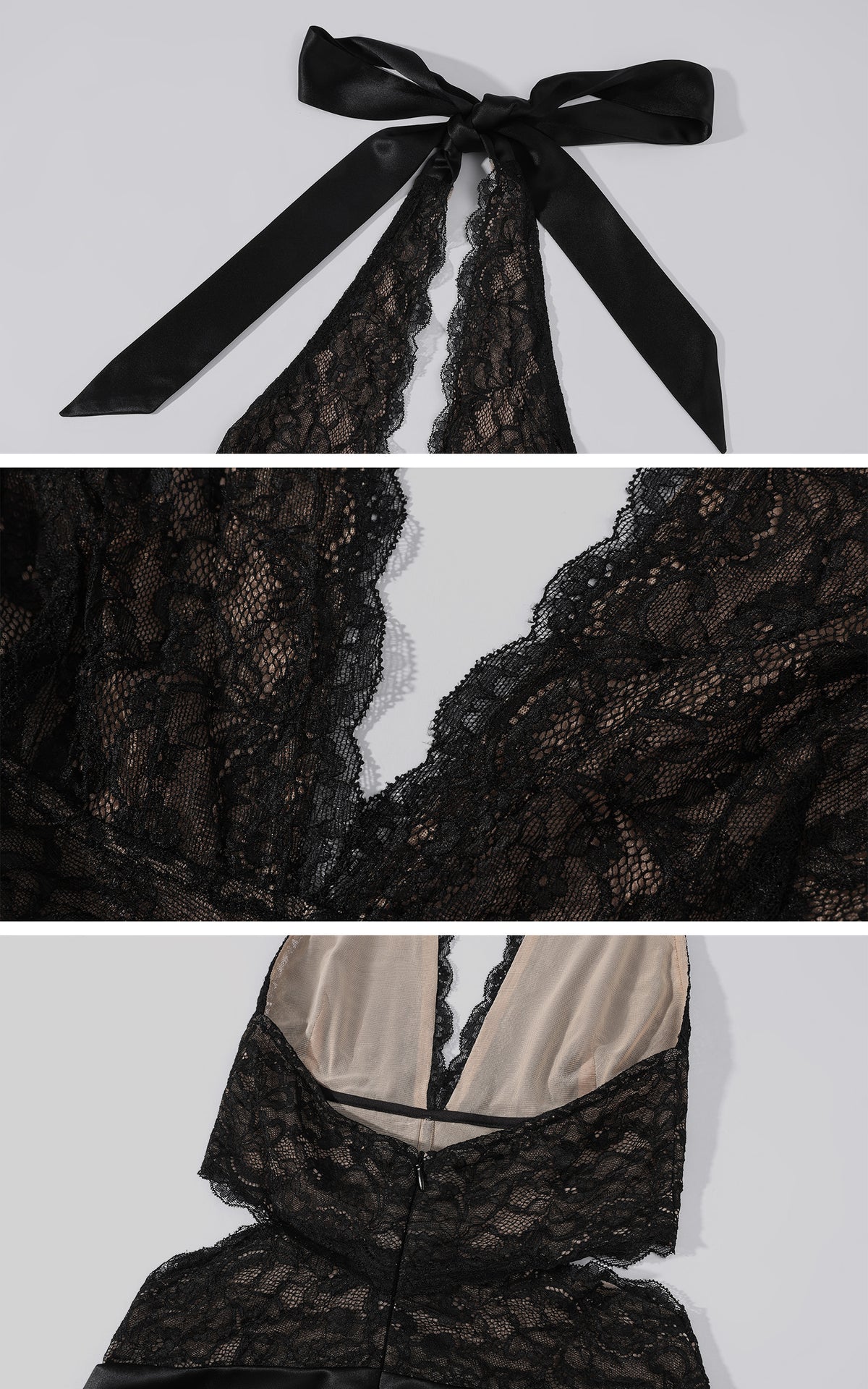 ROVENTE Robe longue en satin à col licou en dentelle