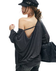 IAMXIAA Striped Off-Shoulder Long Sleeve Top with Back Strap Detail