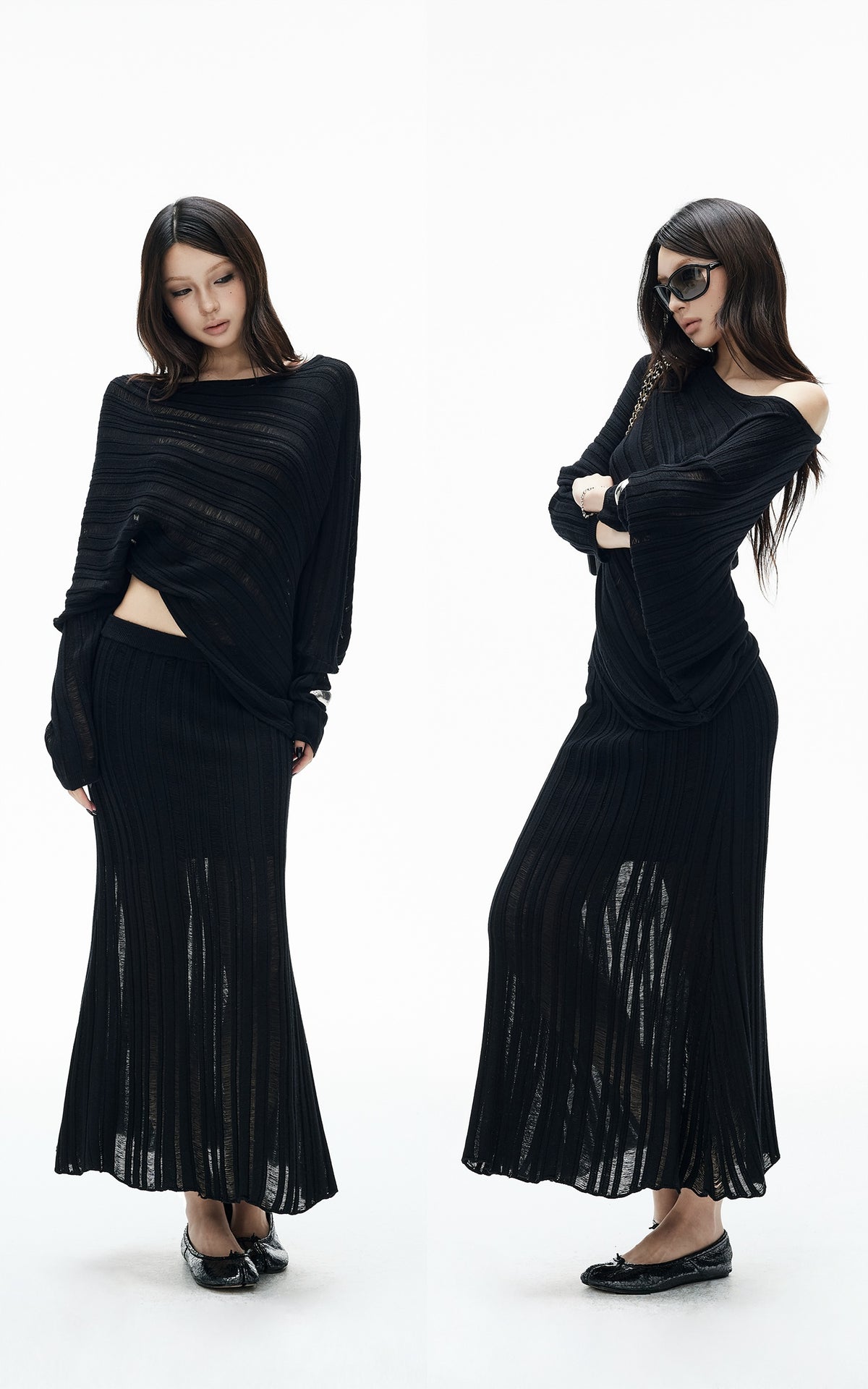 IAMXIAA Asymmetric Off-Shoulder Sheer Knit Top &amp; Maxi Skirt Set