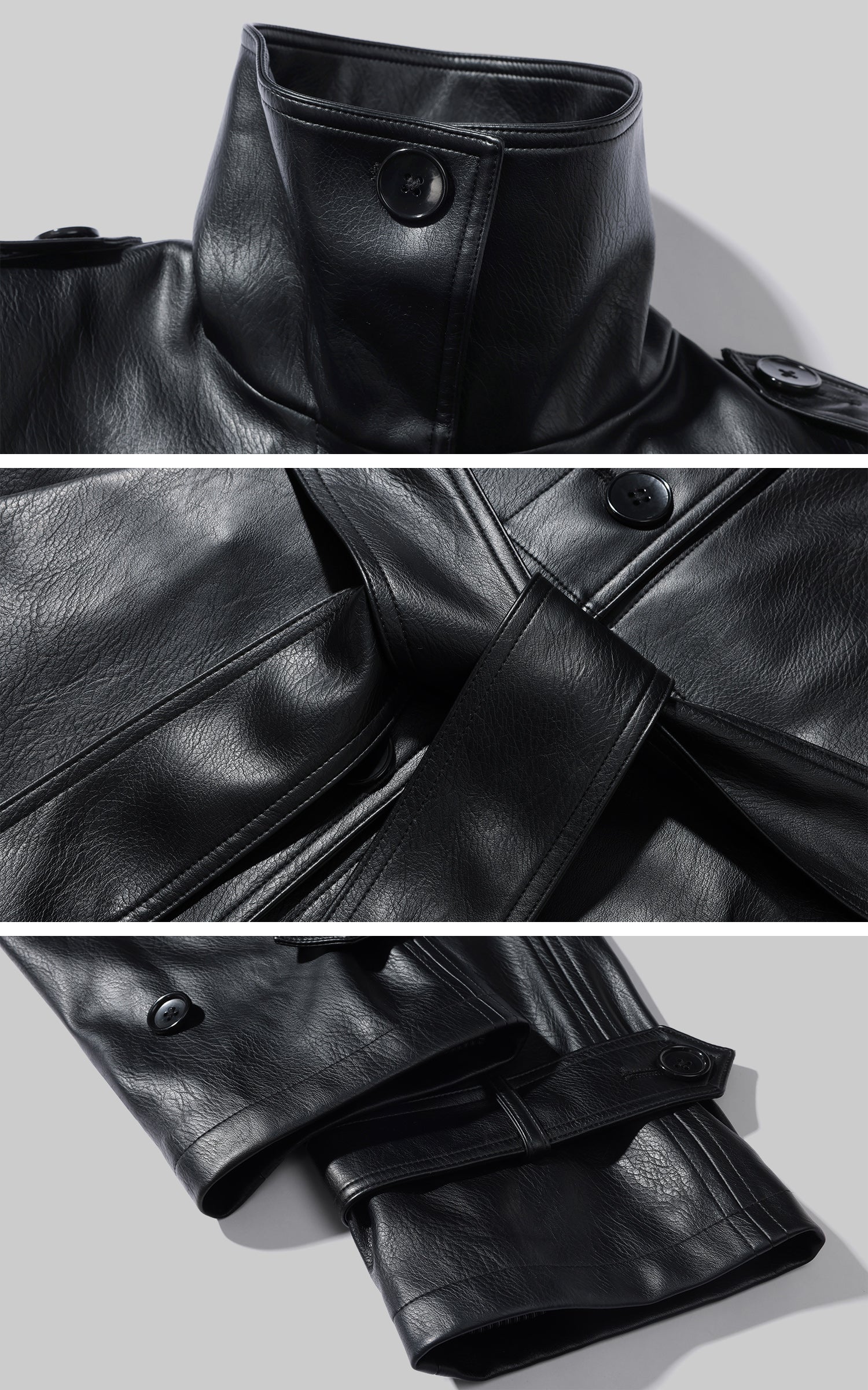 ROVENTE High-Neck Leather Long Coat