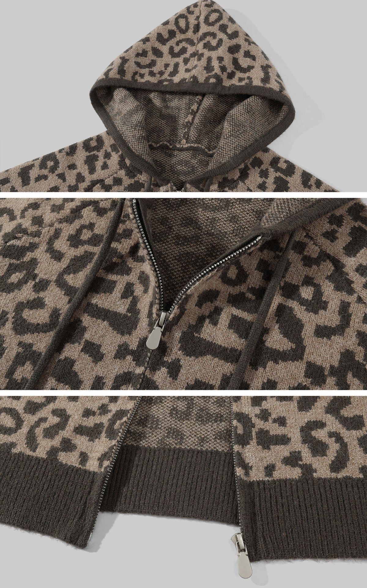0122stepll Leopard Jacquard Hooded Knit Zip-Up Jacket