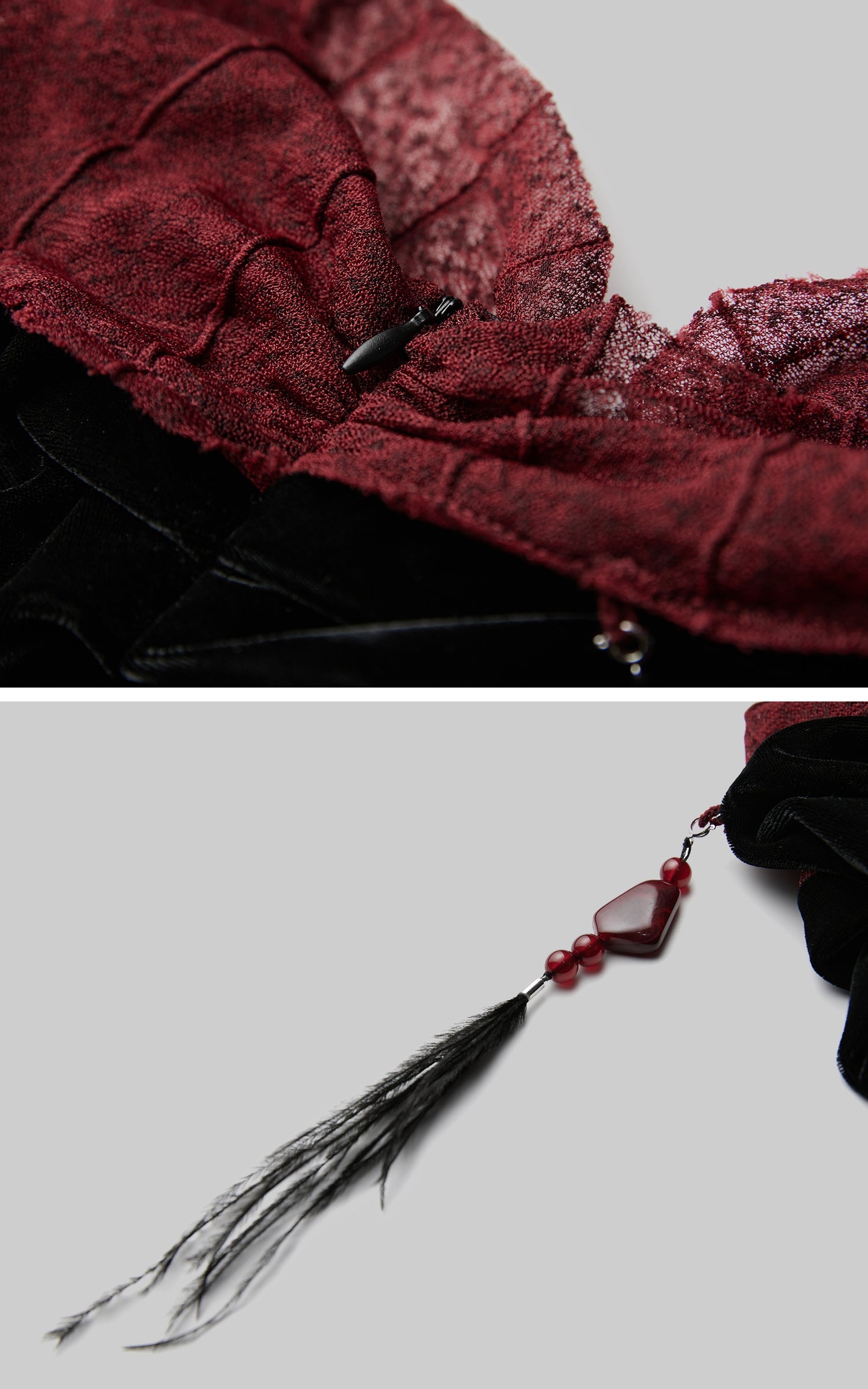DOINDULGE Draped Velvet Skirt with Sheer Red Waist Detail