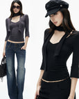 IAMXIAA Scarf-Neck Ribbed Slim-Fit Top with Three-Quarter Sleeves