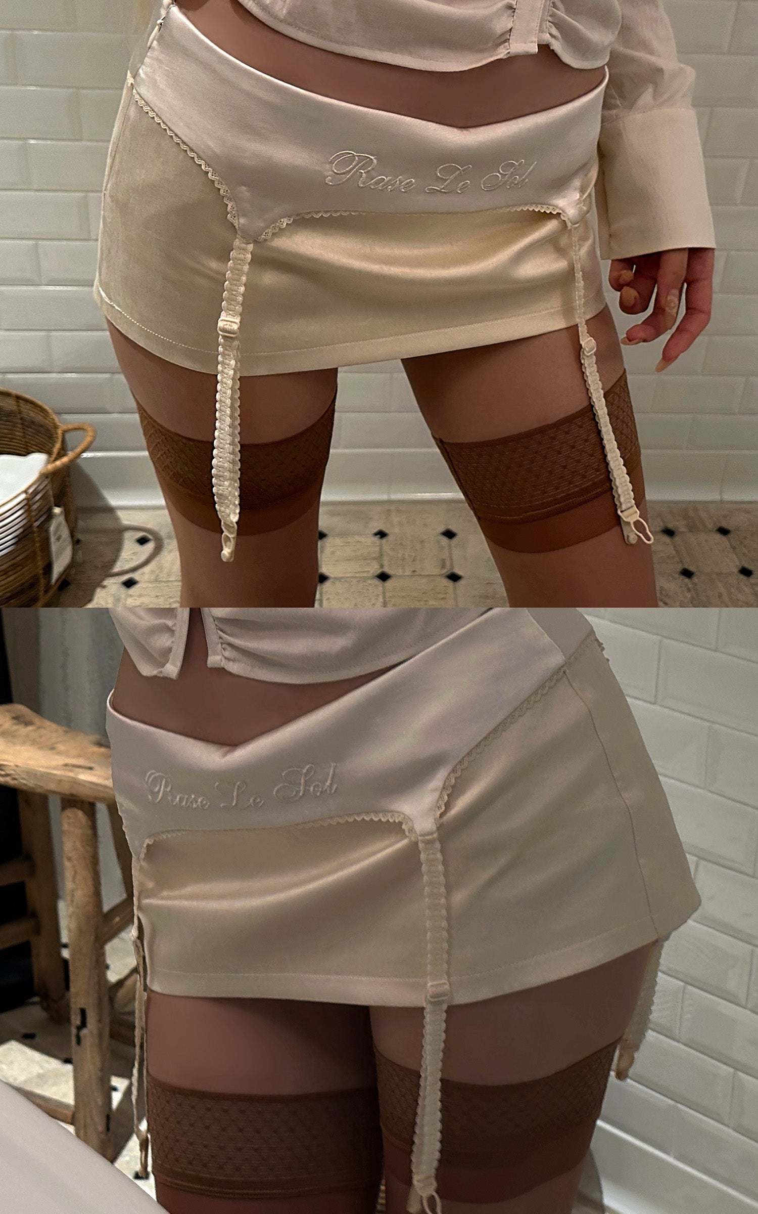 Rase le sol Embroidered Waist Garter Satin Mini Skirt