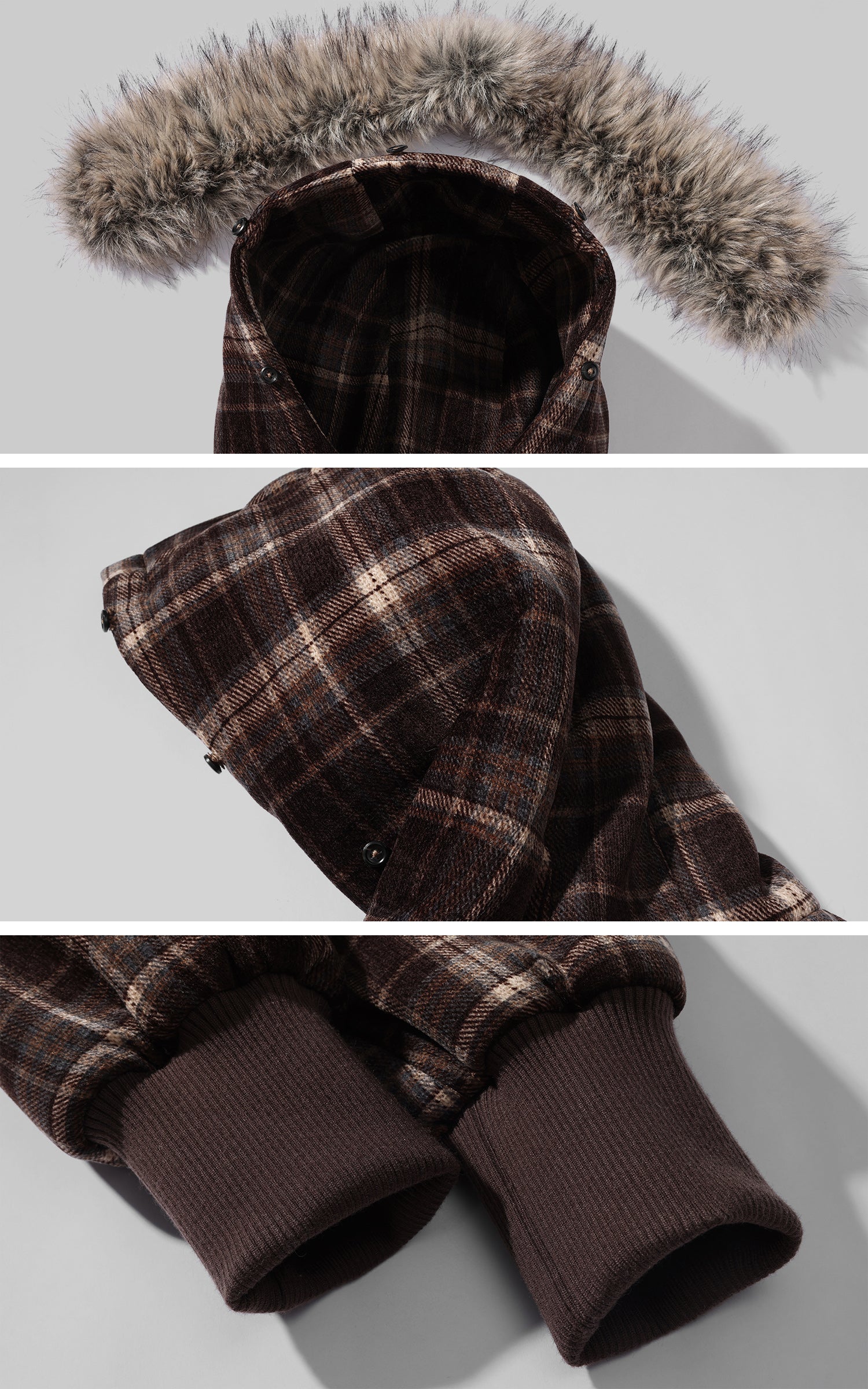 WARDEN EDGE 구조적인 체크 다운 재킷, 탈부착 가능한 퍼 후드