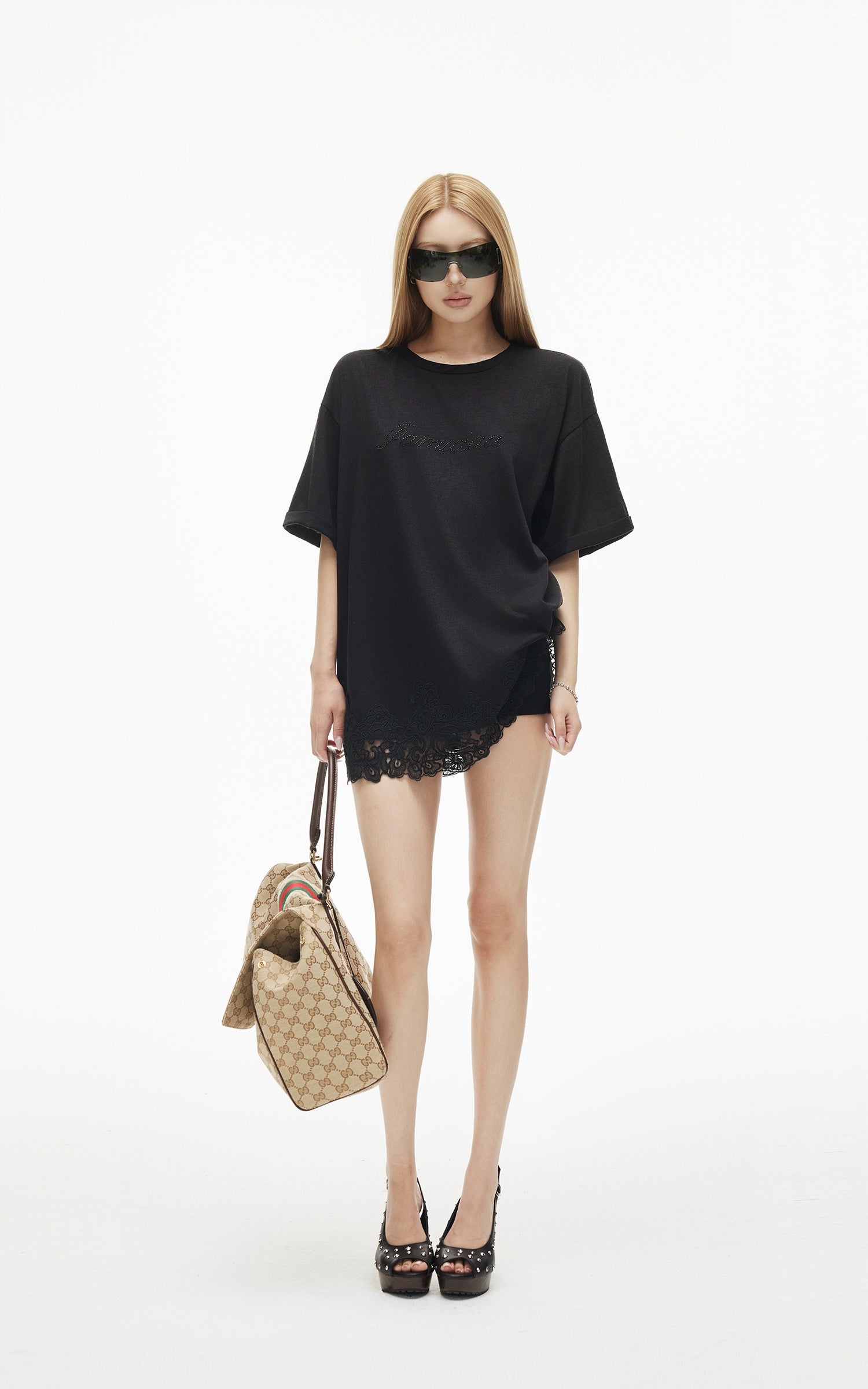 IAMXIAA Rhinestone Logo Lace Hem Oversized T-Shirt