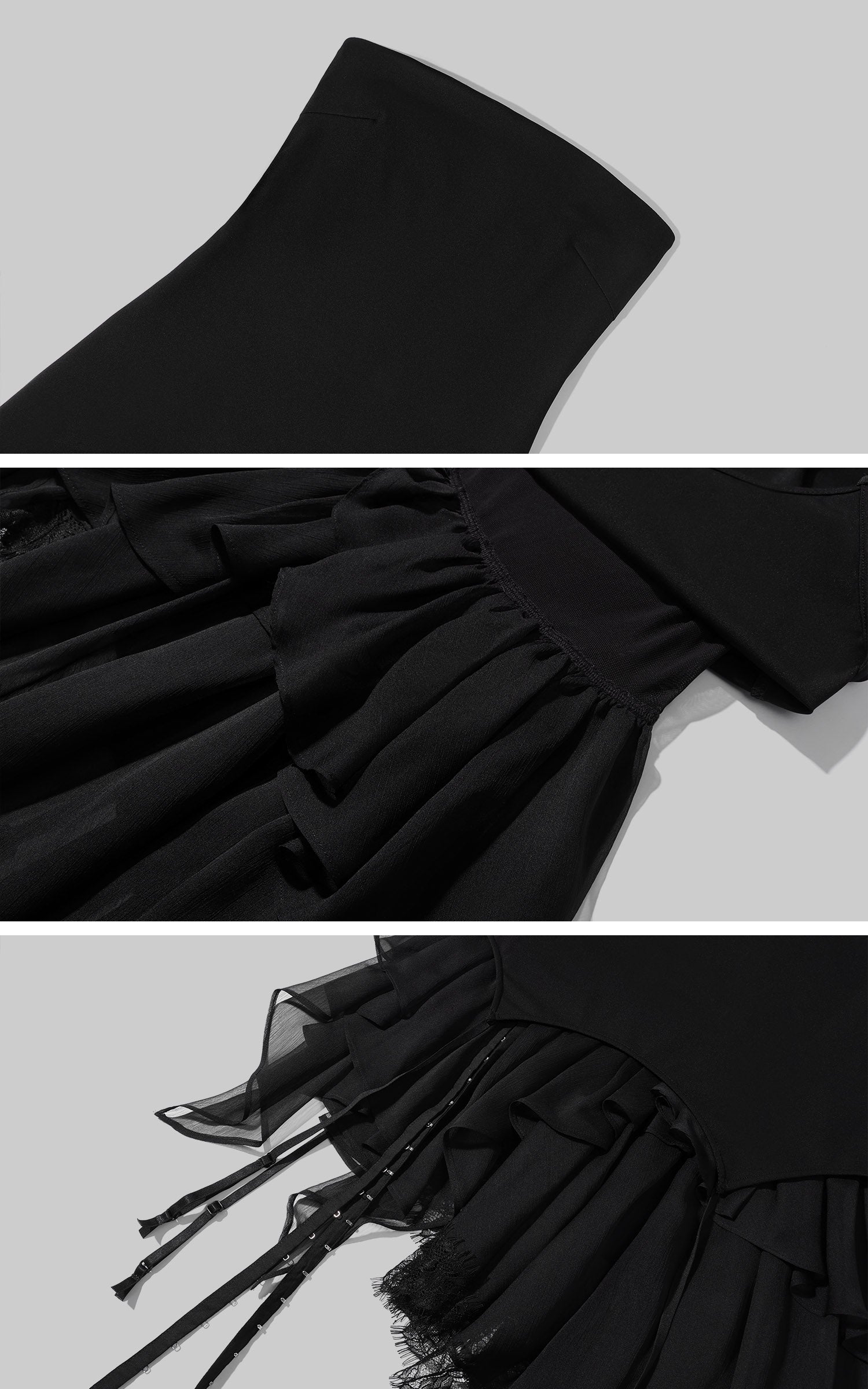 WARDEN EDGE Strapless Asymmetric Ruffle Dress Sheer Layered Midi Dress