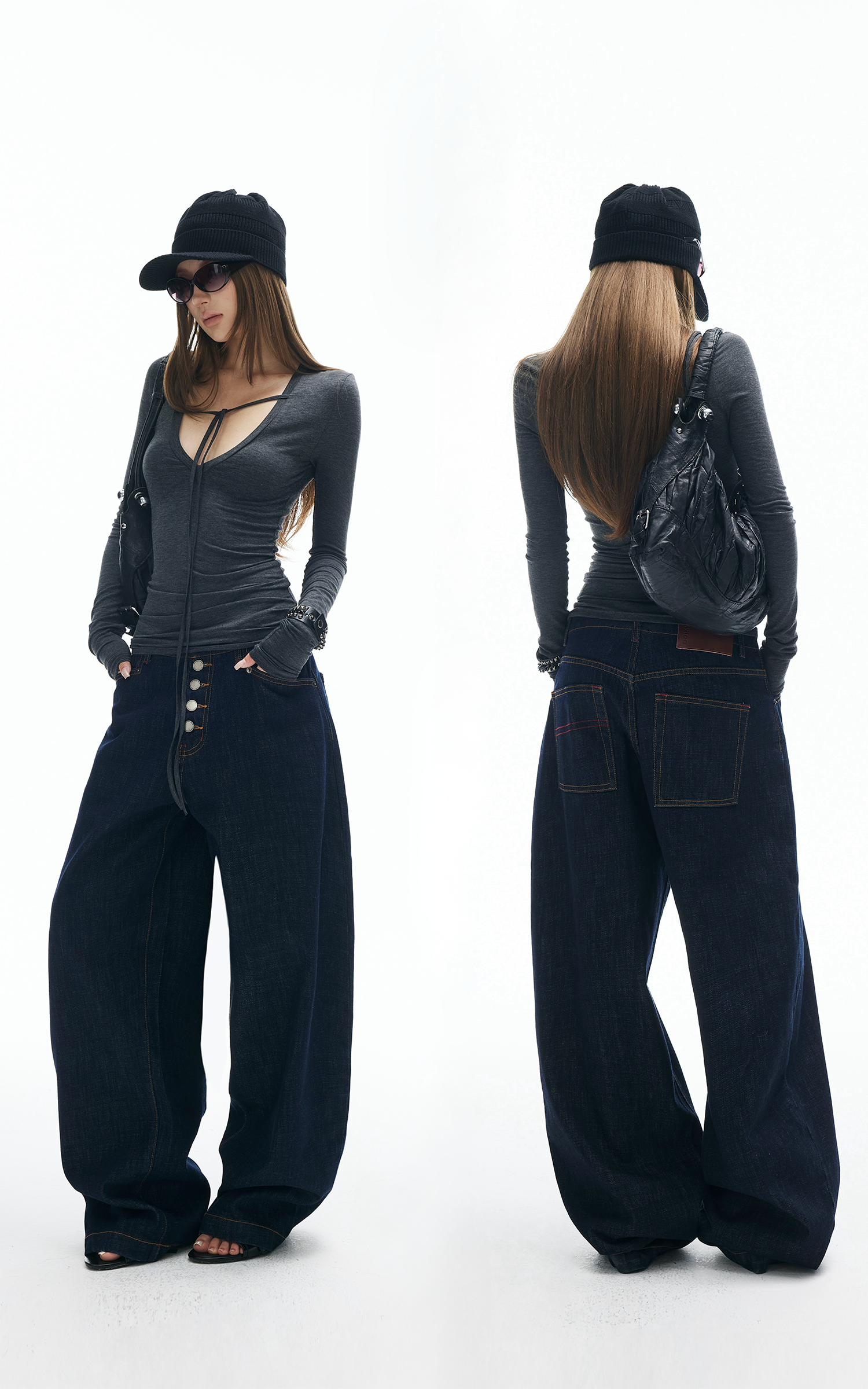 IAMXIAA Wide Leg Denim Jeans High Rise Button Fly Dark Wash Streetwear Style