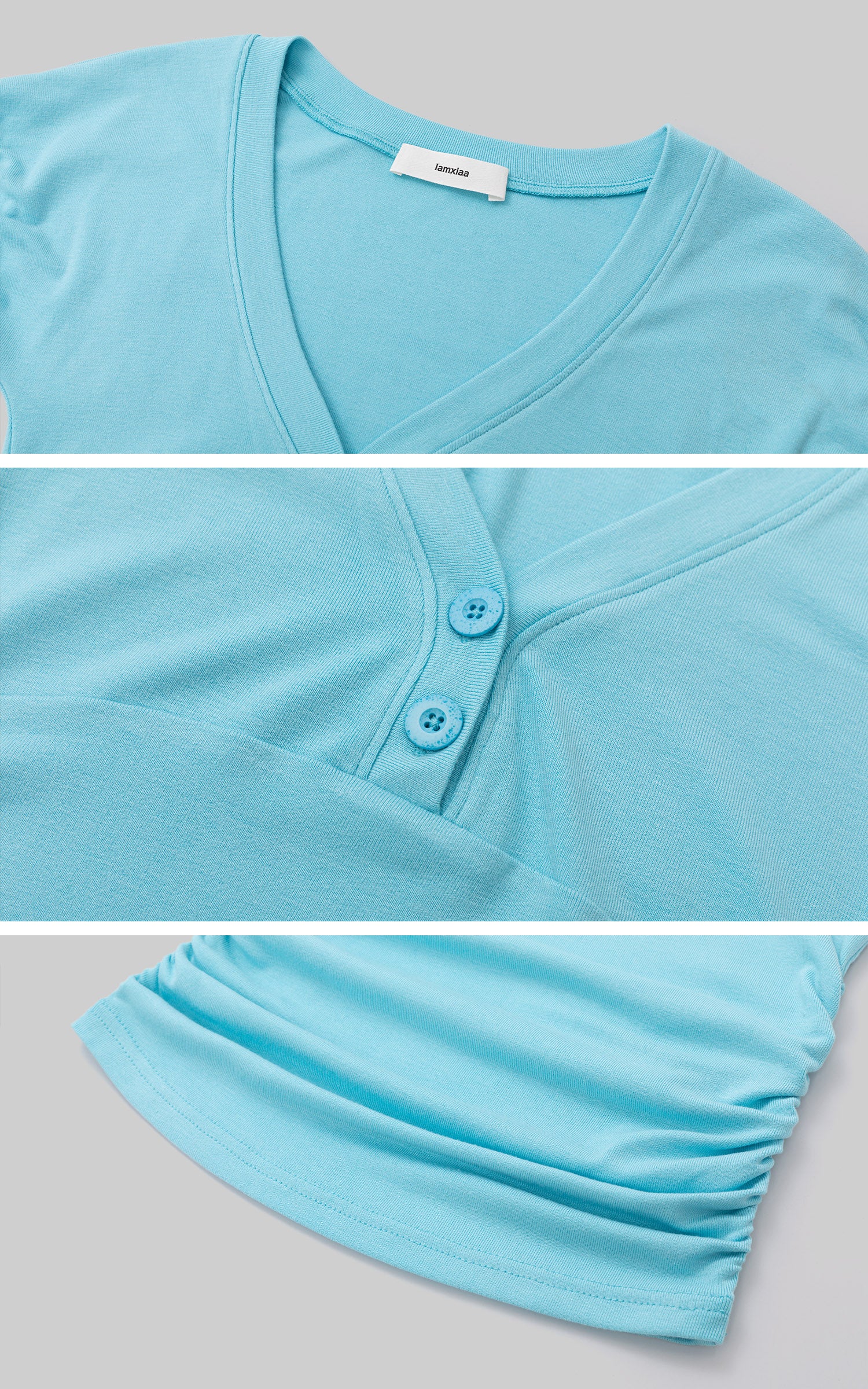 IAMXIAA Ruched V-Neck Button Front Slim Fit Short Sleeve Stretch Tee