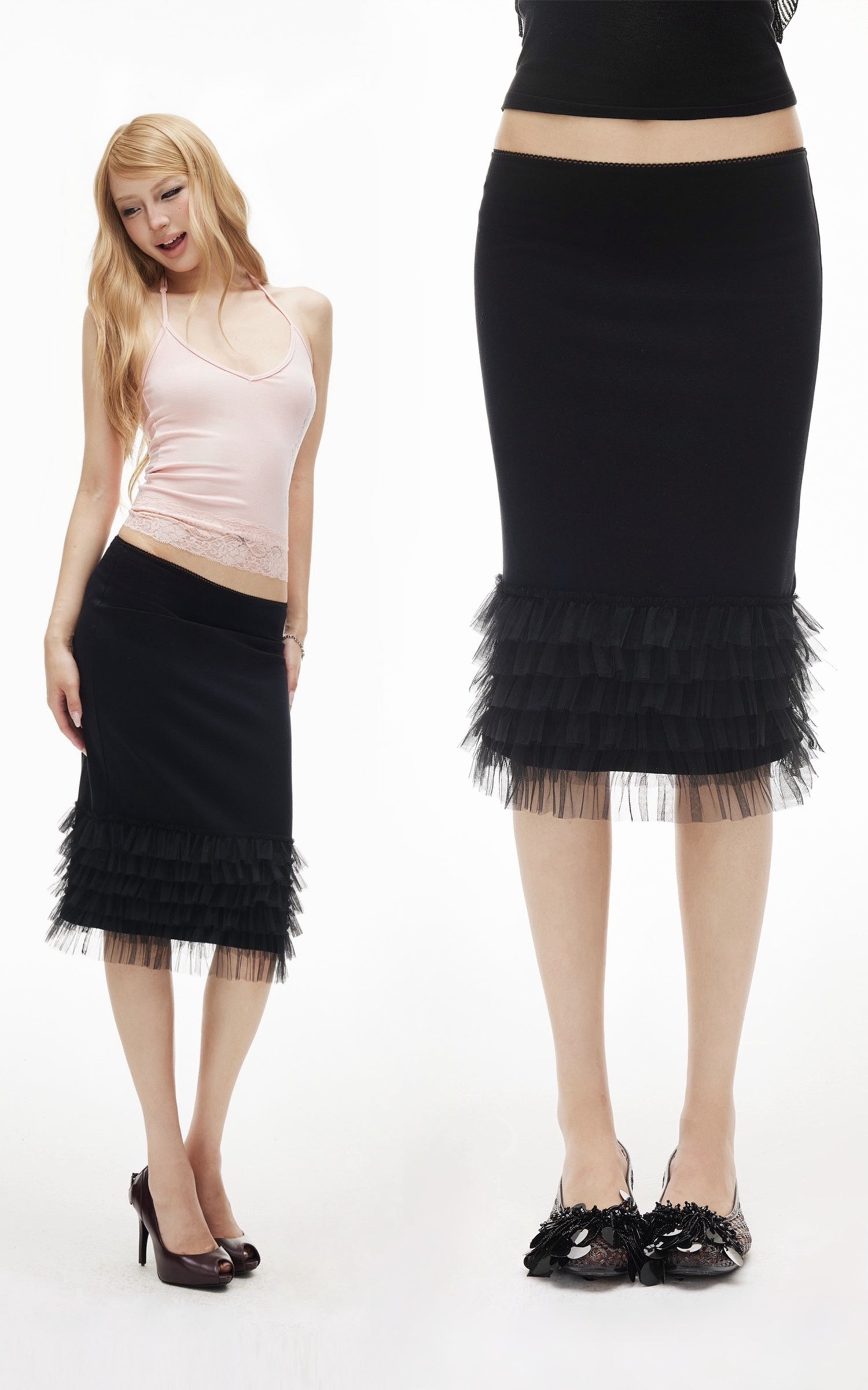 IAMXIAA Layered Tulle Ruffle Hem Low Rise Bodycon Midi Skirt