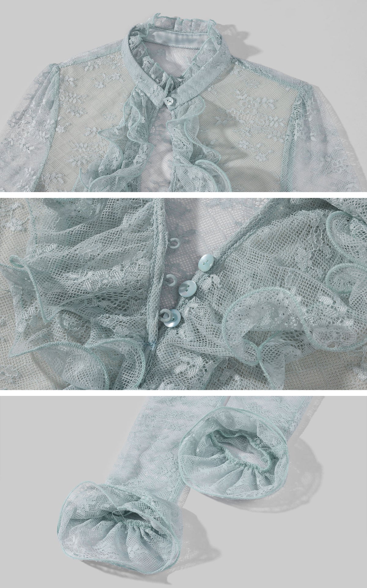 Hydrae Ensemble deux pièces : blouse à volants en dentelle florale transparente et jupe midi en similicuir, avec devant goutte d'eau et silhouette sculptée