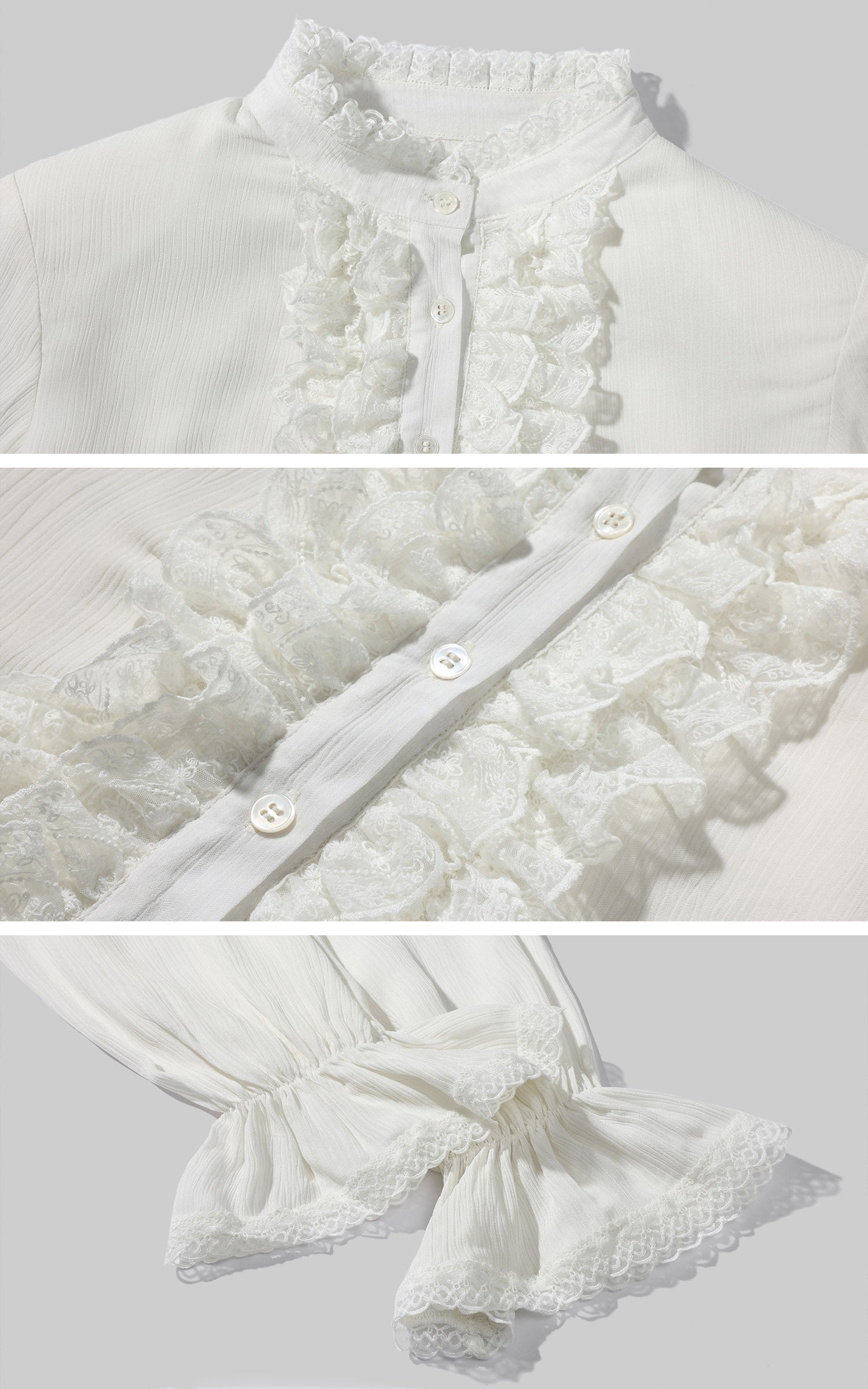Hydrae Lace Ruffle Cropped Blouse High Neck Sheer Long Sleeve Top